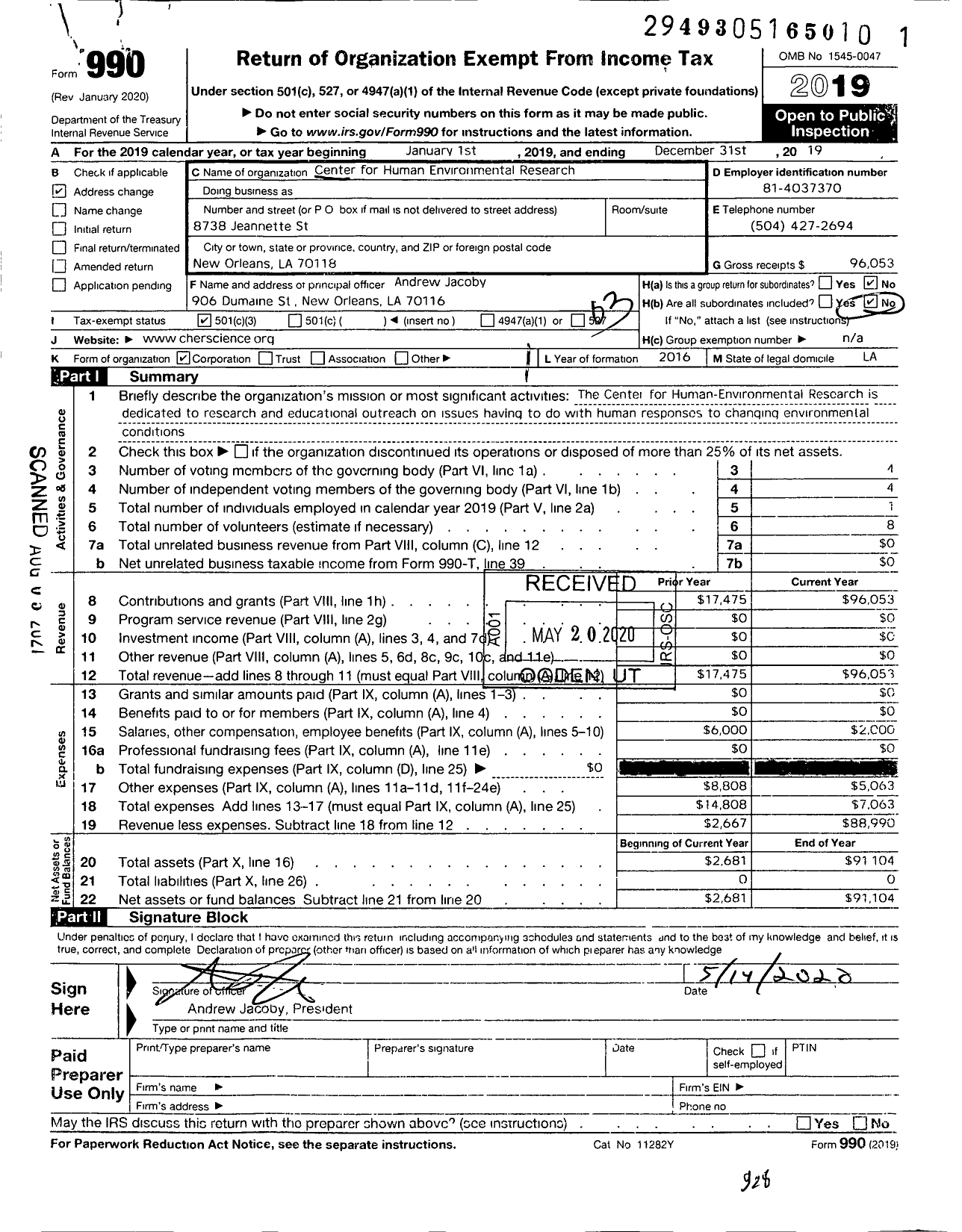 Image of first page of 2019 Form 990 for Center for Human-Environmental Research