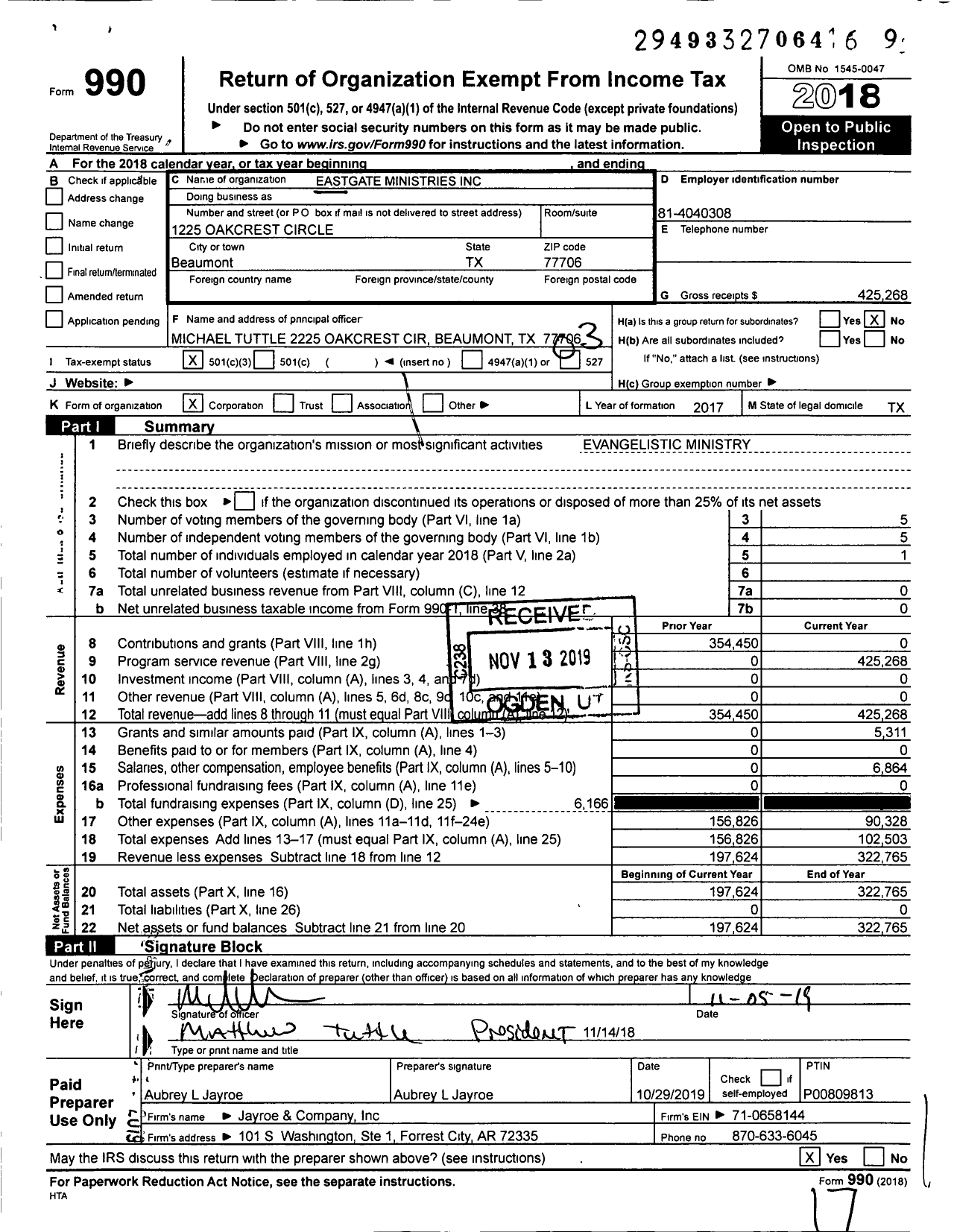 Image of first page of 2018 Form 990 for Eastgate Ministries