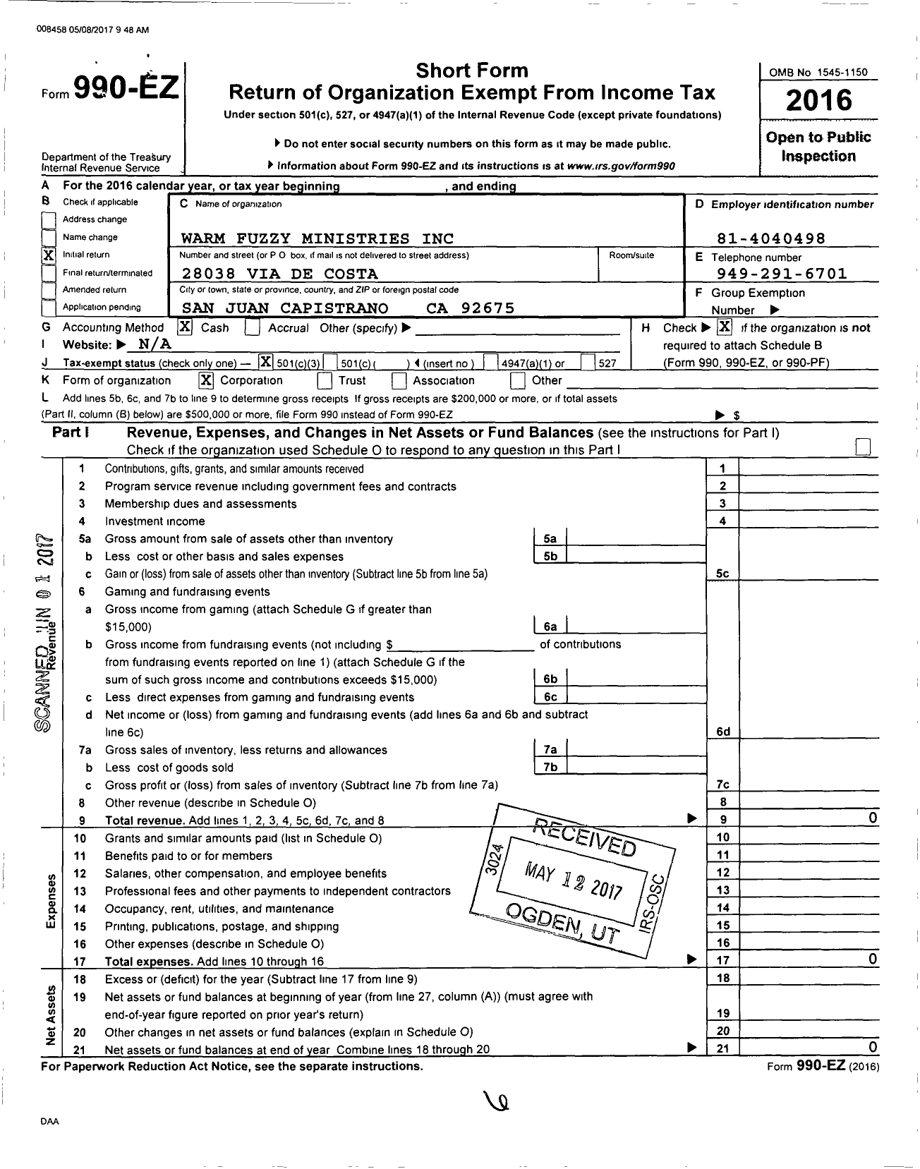 Image of first page of 2016 Form 990EZ for Warm Fuzzy Ministries Minnich