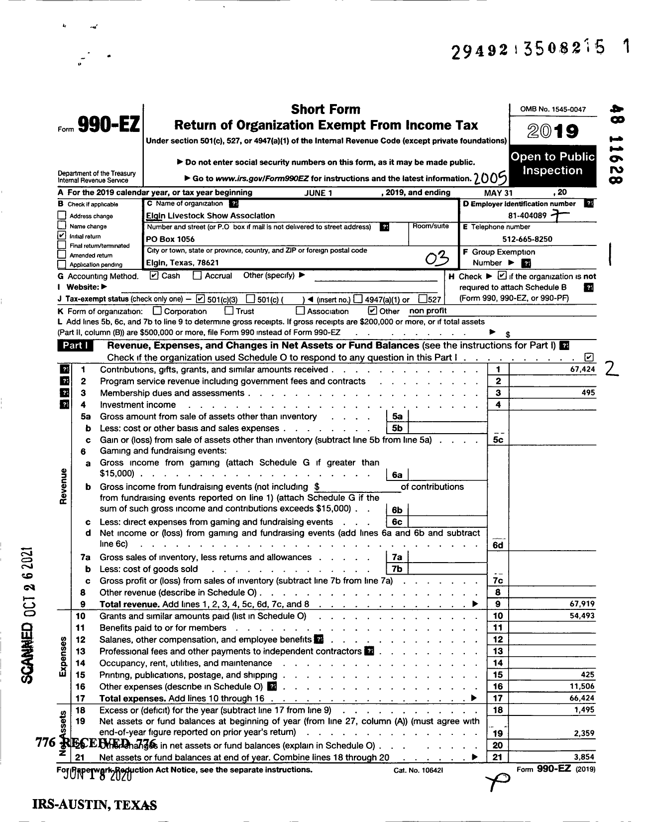 Image of first page of 2019 Form 990EZ for Elgin Livestock Show Association