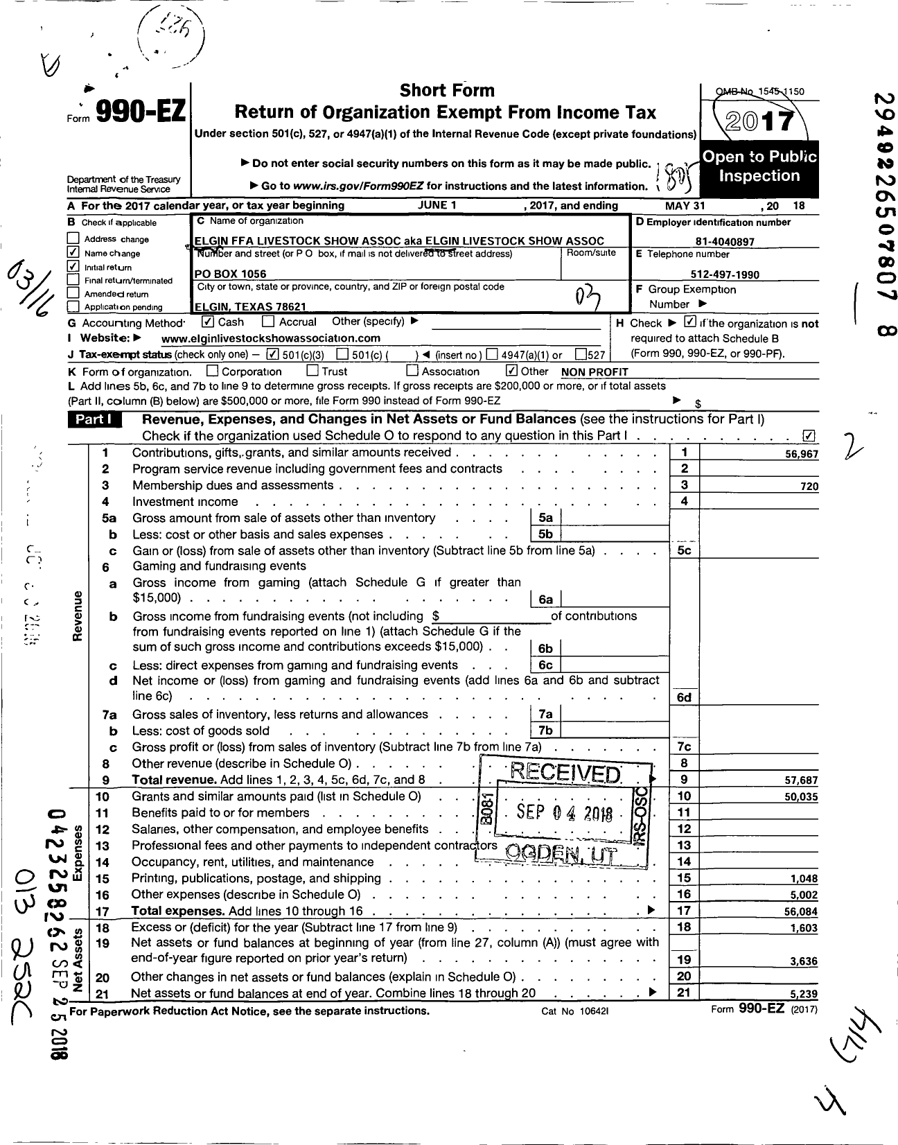 Image of first page of 2017 Form 990EZ for Elgin Livestock Show Association