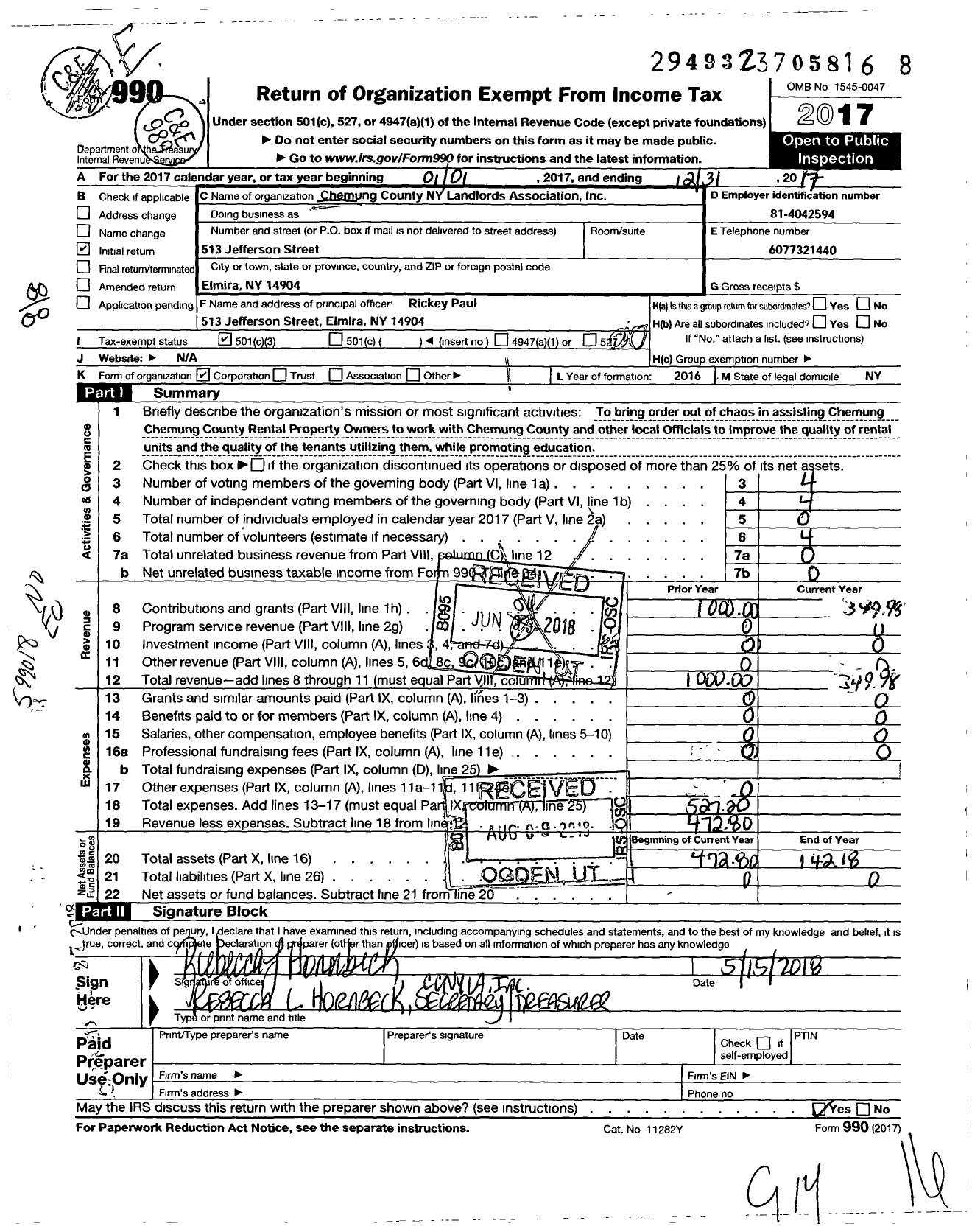Image of first page of 2017 Form 990O for Chemung County NY Landlords Association