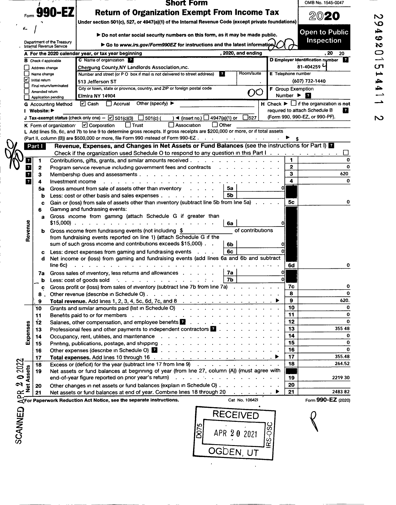 Image of first page of 2020 Form 990EO for Chemung County NY Landlords Association