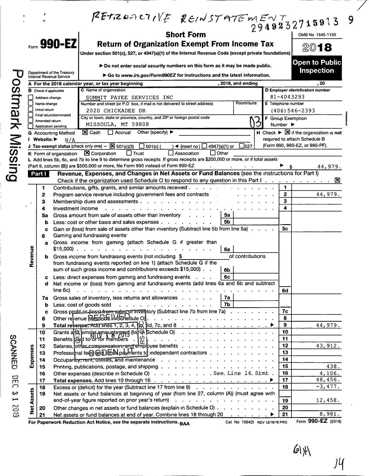 Image of first page of 2018 Form 990EZ for Summit Payee Services