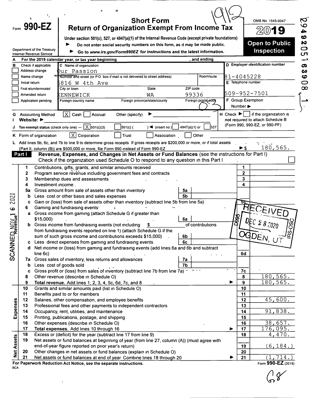 Image of first page of 2019 Form 990EZ for Progress House / O U R Passion