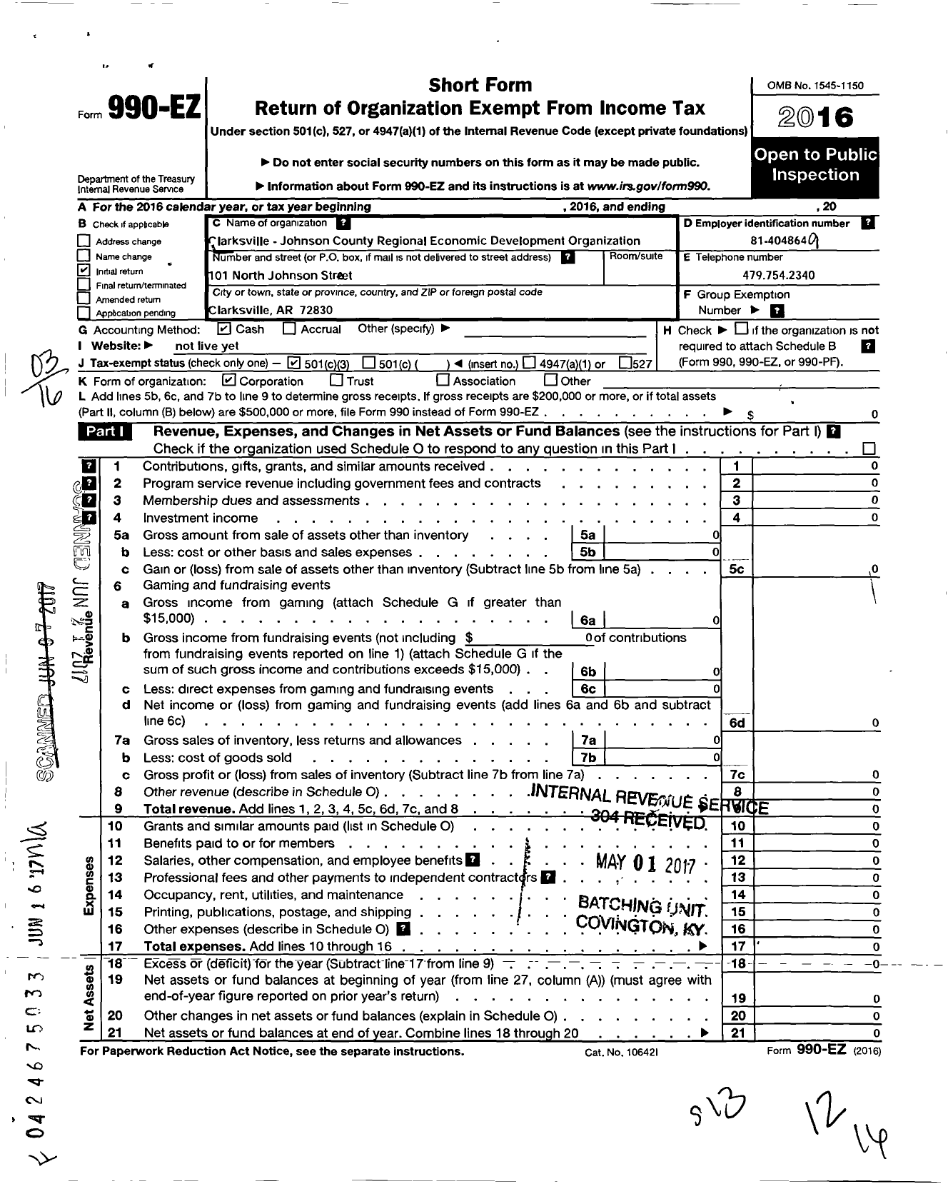 Image of first page of 2016 Form 990EZ for Clarksville-Johnson County Regional Economic Development Organization