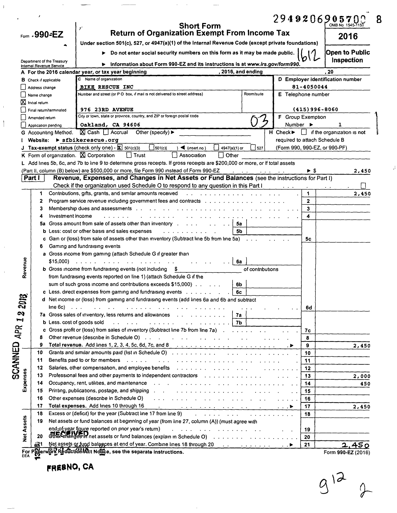 Image of first page of 2016 Form 990EZ for Bike Rescue