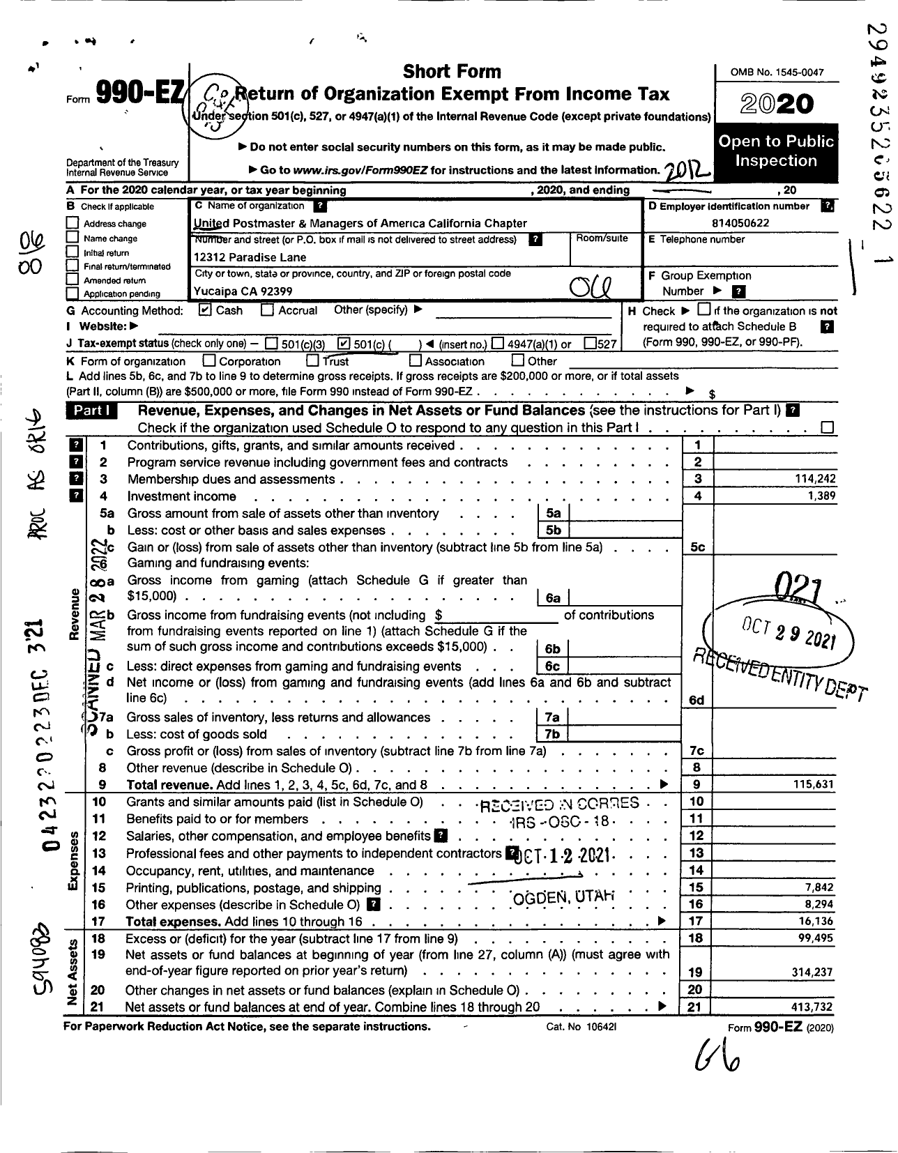 Image of first page of 2020 Form 990EO for United Postmasters & Managers of America California Chapter