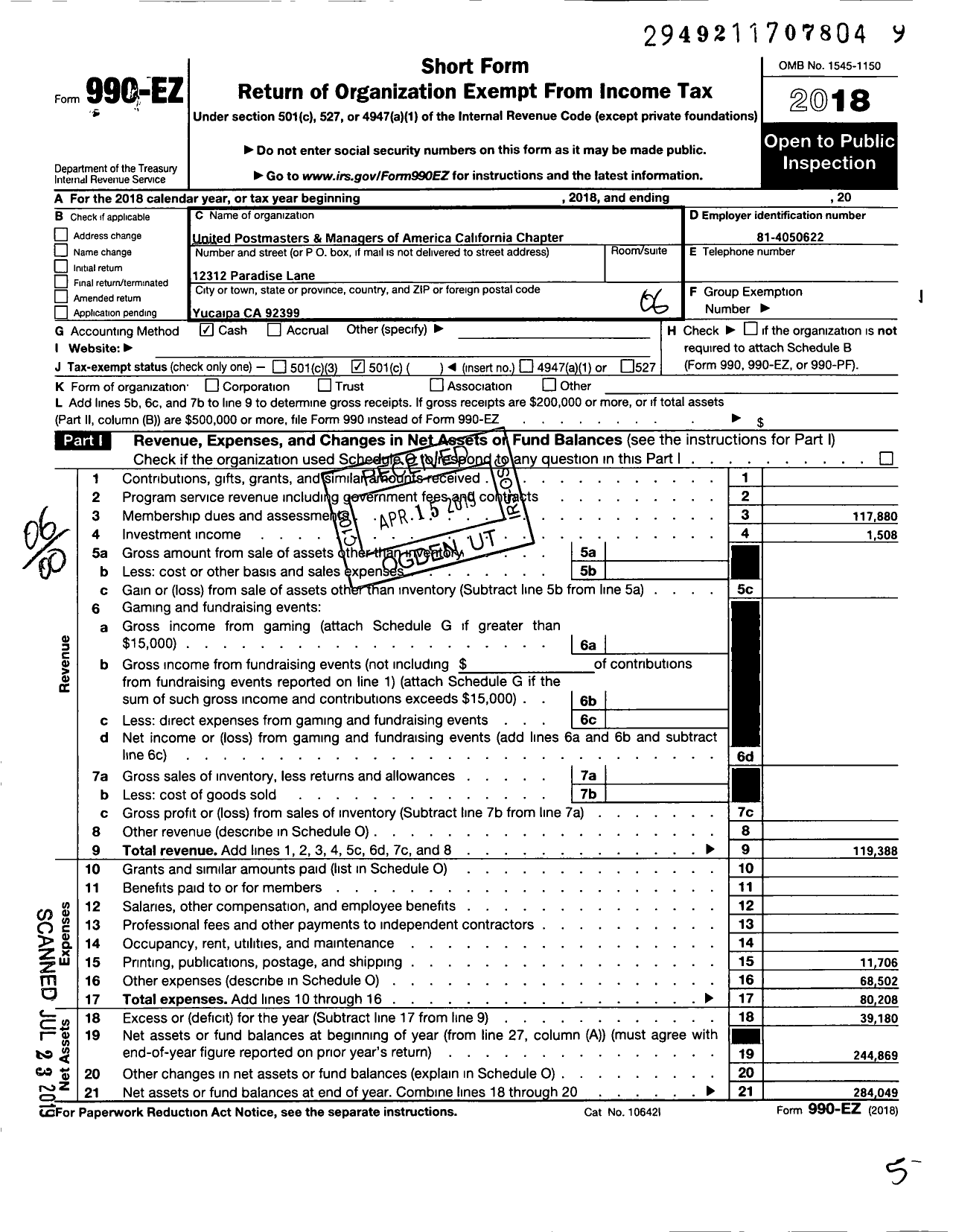 Image of first page of 2018 Form 990EO for United Postmasters & Managers of America California Chapter