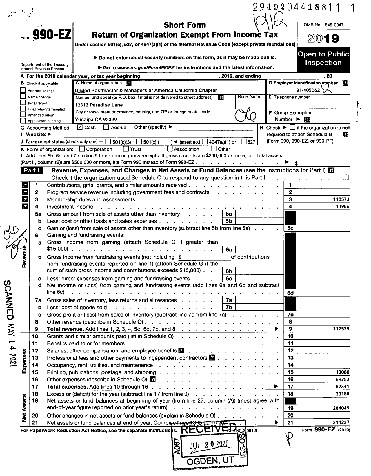 Image of first page of 2019 Form 990EO for United Postmasters & Managers of America California Chapter