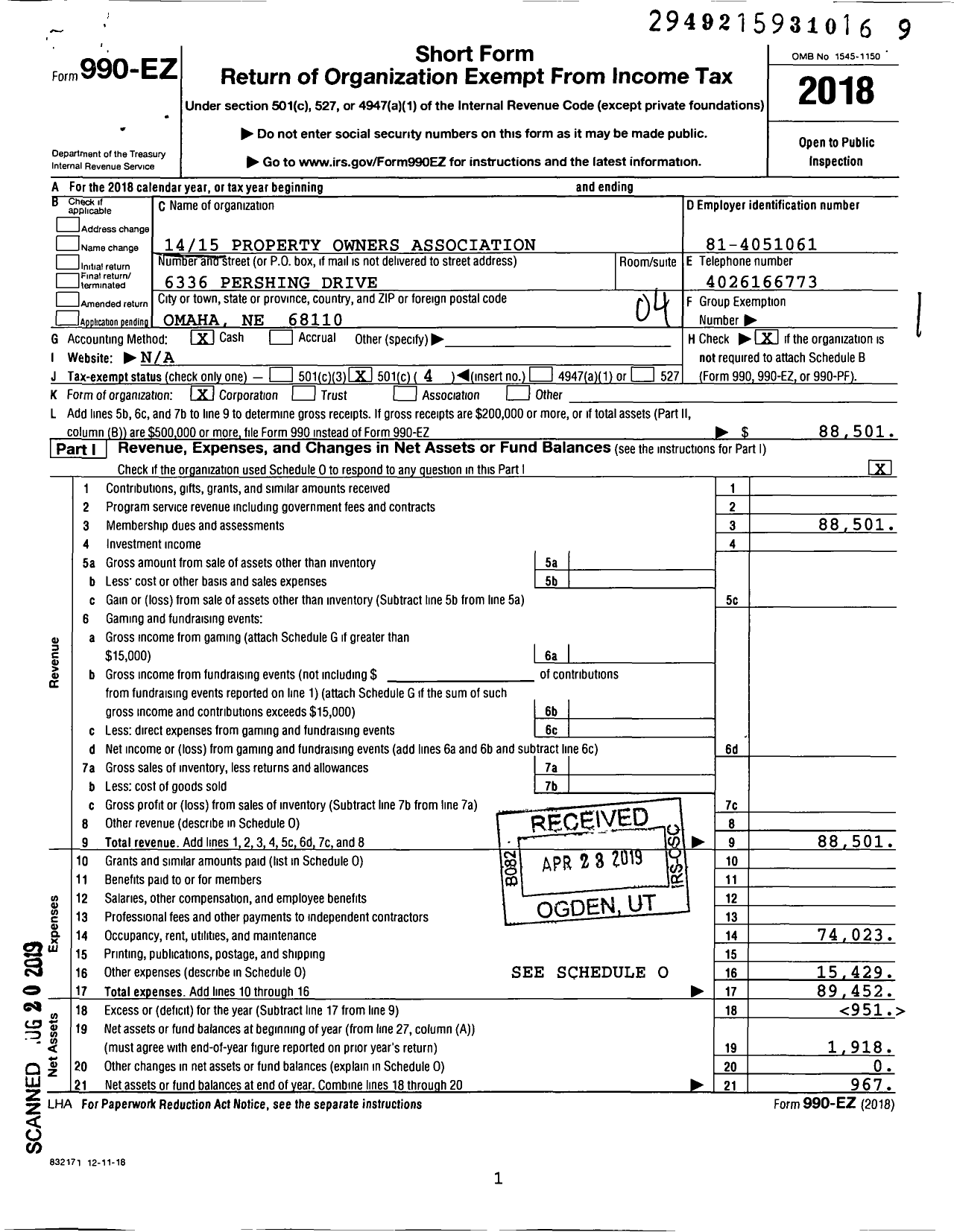 Image of first page of 2018 Form 990EO for 1415 Property Owners Association