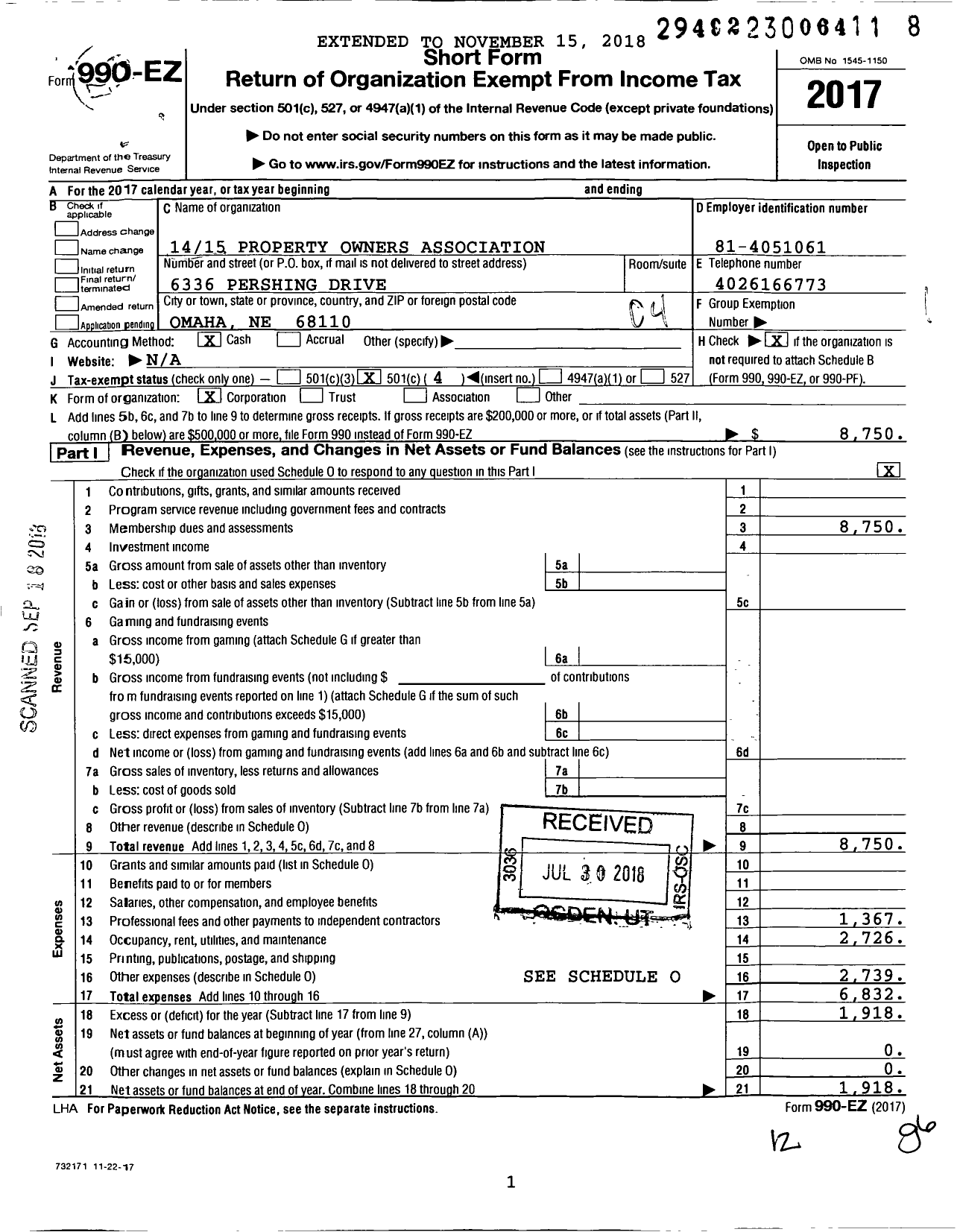 Image of first page of 2017 Form 990EO for 1415 Property Owners Association