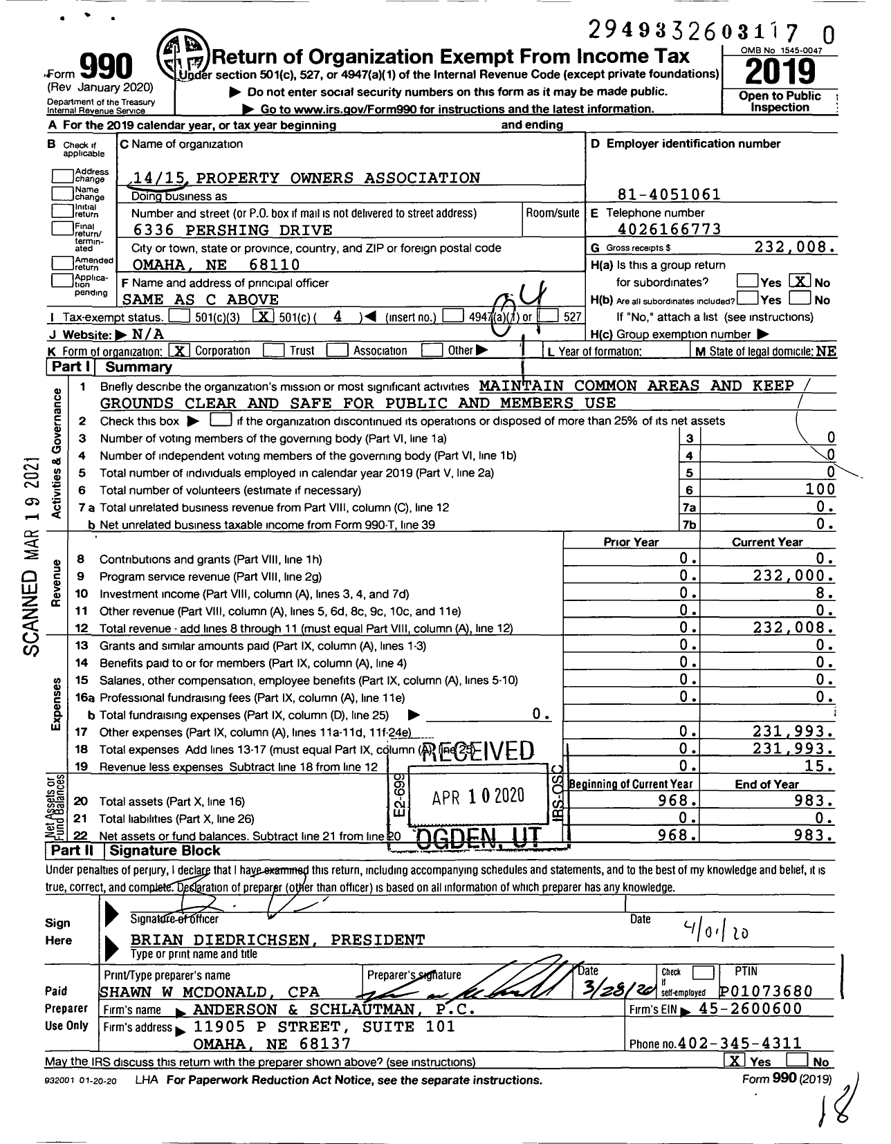 Image of first page of 2019 Form 990O for 1415 Property Owners Association