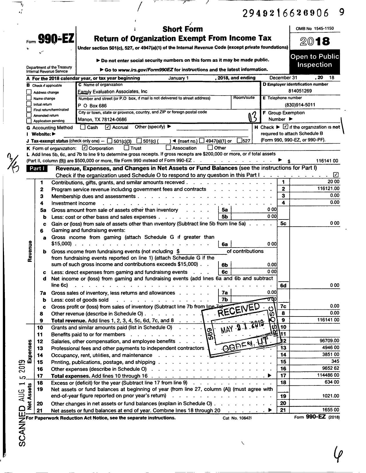 Image of first page of 2018 Form 990EZ for Family Evaluation Associates