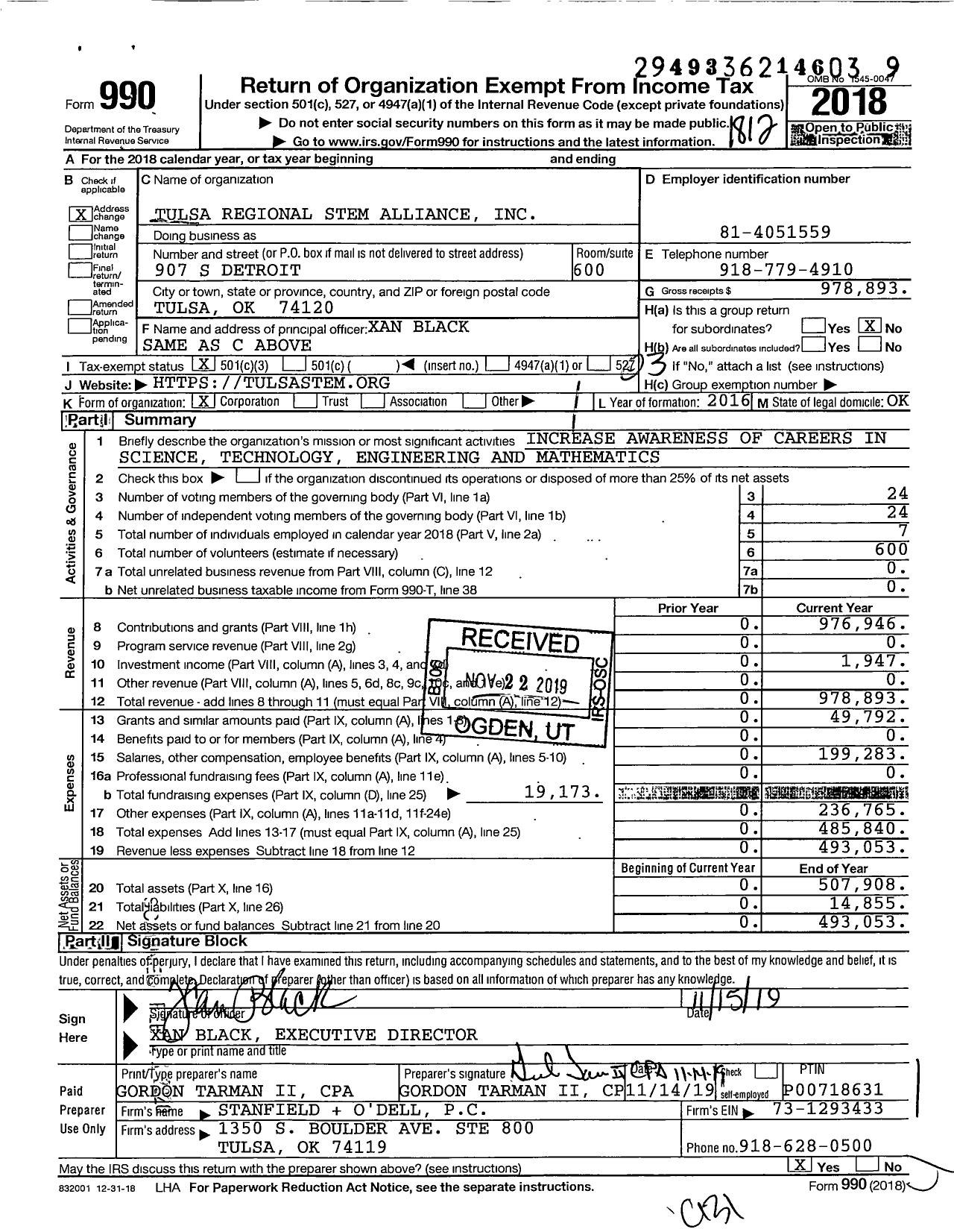 Image of first page of 2018 Form 990 for Tulsa Regional STEM Alliance