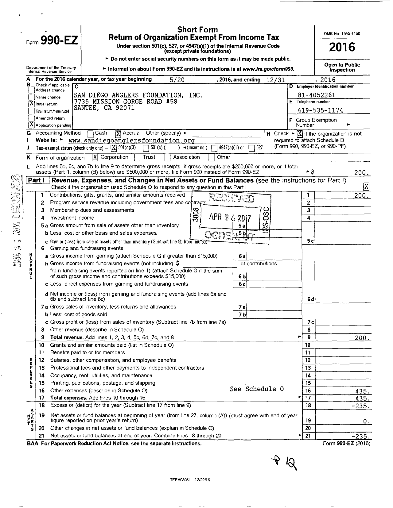 Image of first page of 2016 Form 990EZ for San Diego Anglers Foundation