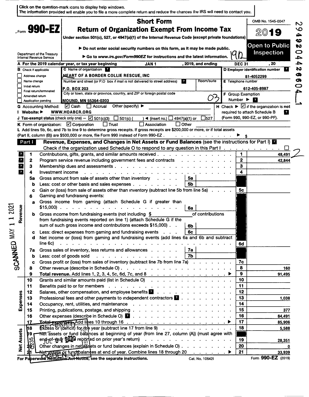 Image of first page of 2019 Form 990EZ for Heart of A Border Collie Rescue