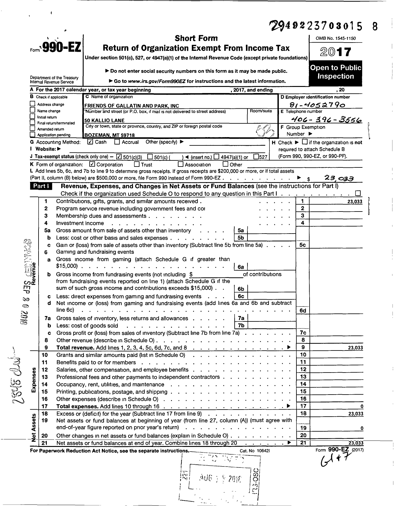 Image of first page of 2017 Form 990EZ for Friends of Gallatin and Park