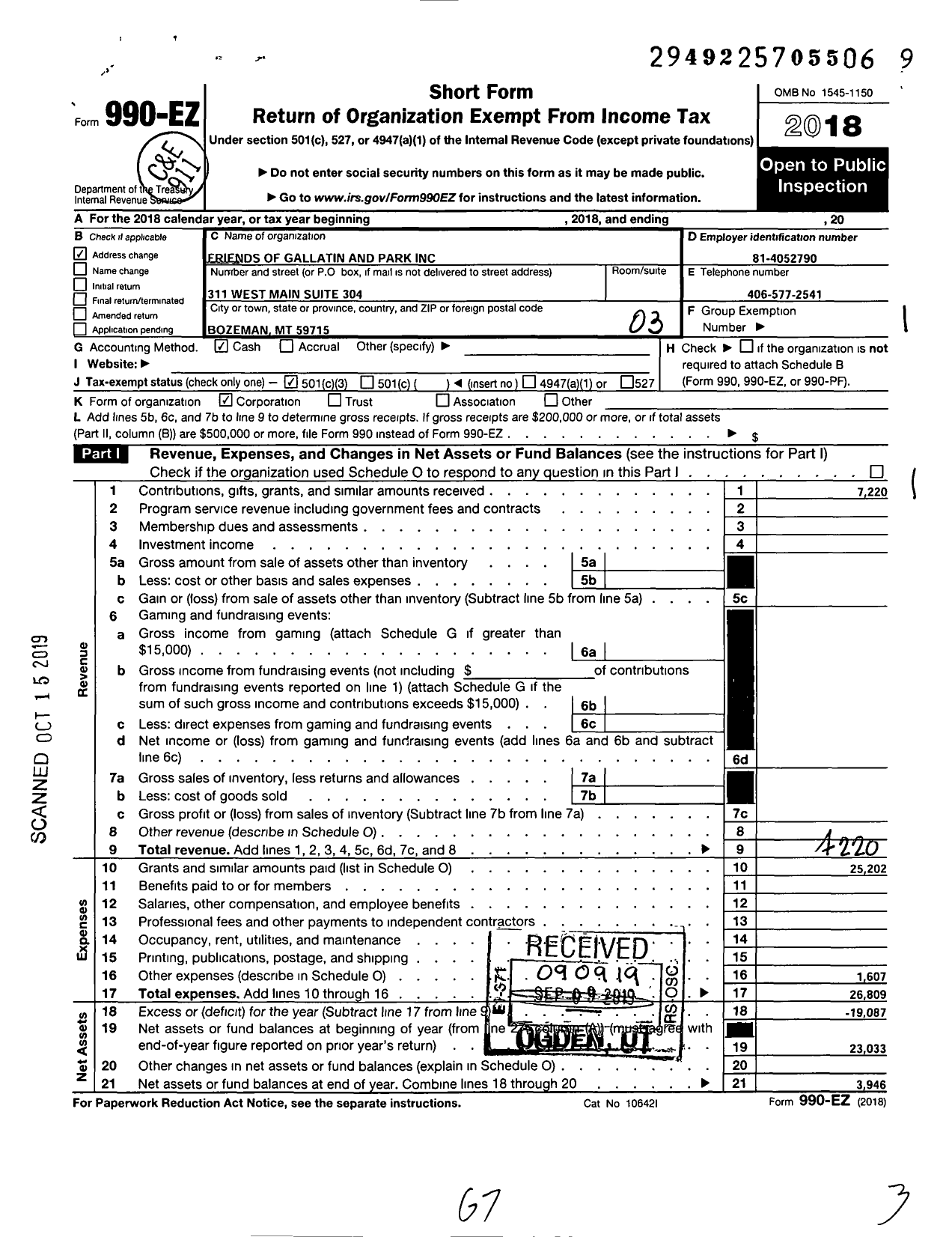 Image of first page of 2018 Form 990EZ for Friends of Gallatin and Park