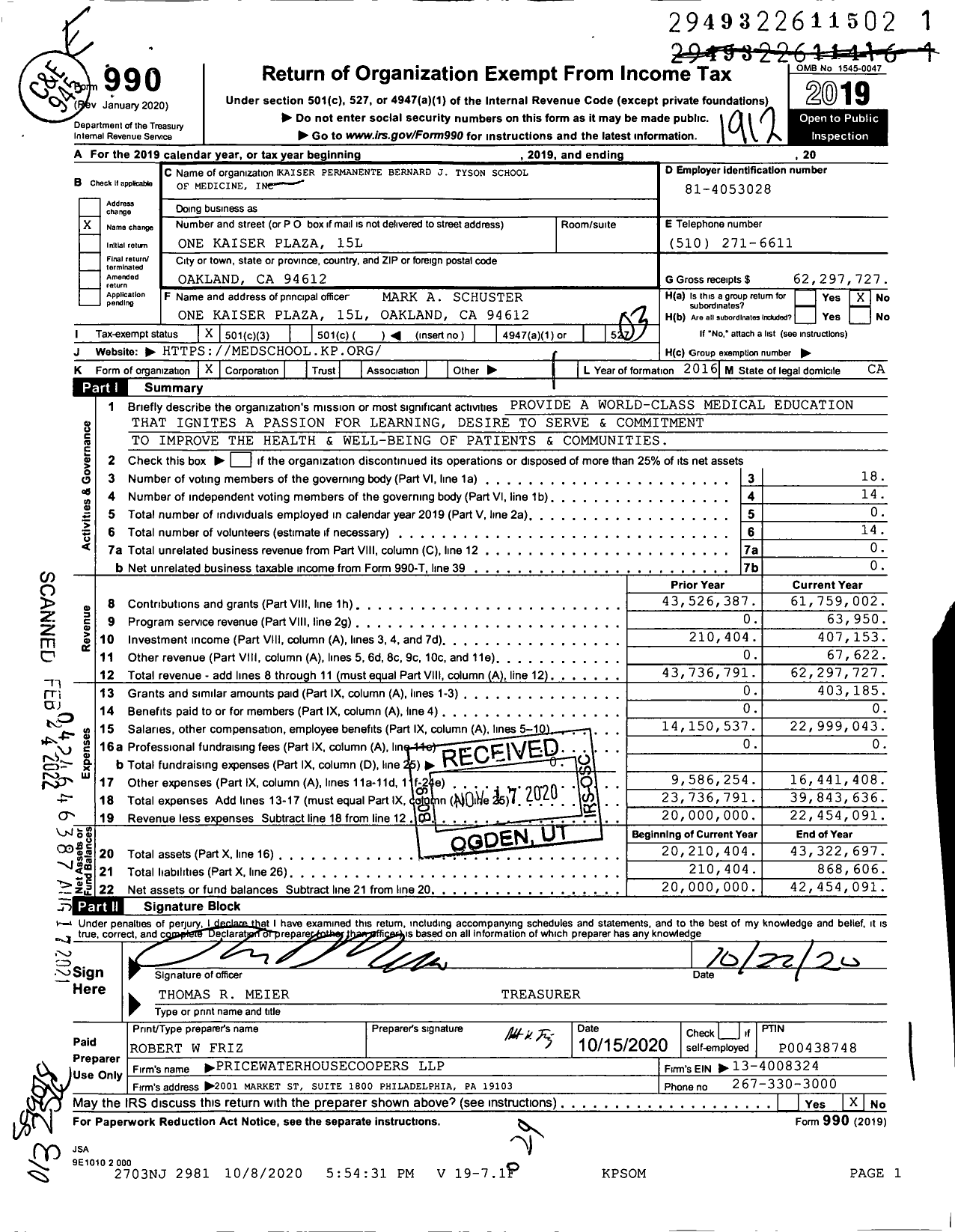 Image of first page of 2019 Form 990 for Kaiser Permanente Bernard J Tyson School of Medicine