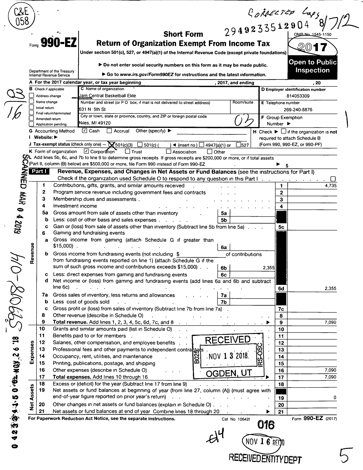 Image of first page of 2017 Form 990EZ for Jam Central Basketball Elite