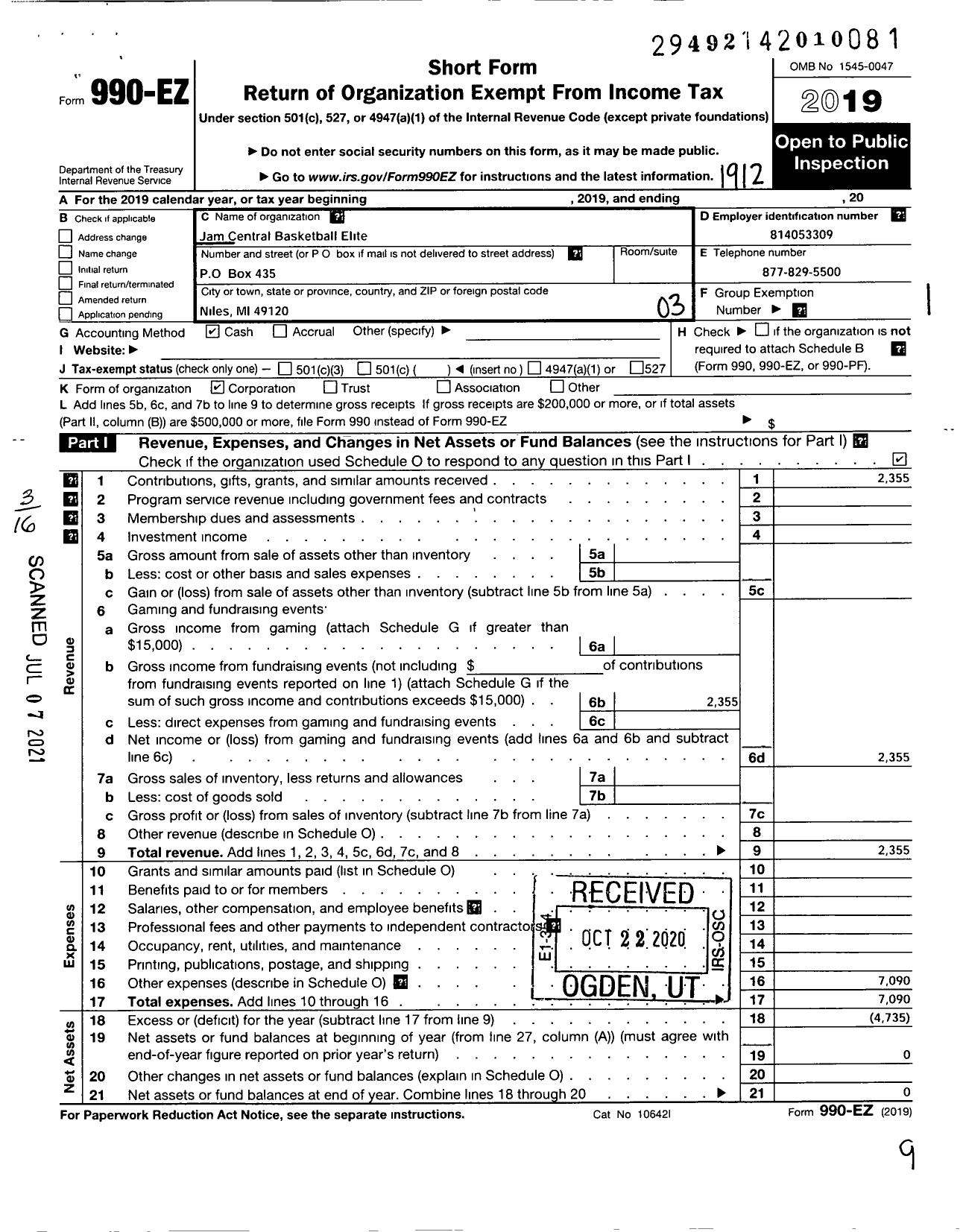 Image of first page of 2019 Form 990EZ for Jam Central Basketball Elite