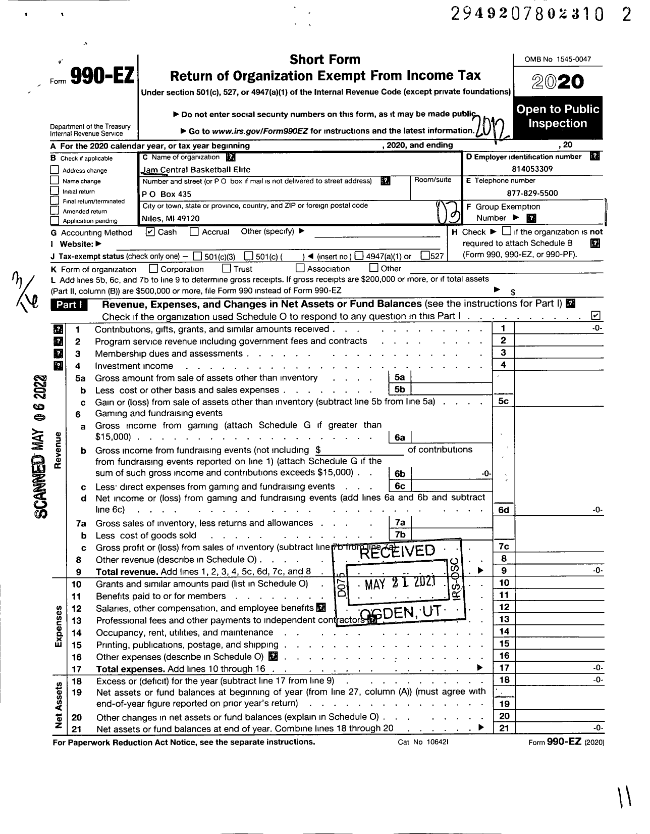 Image of first page of 2020 Form 990EZ for Jam Central Basketball Elite