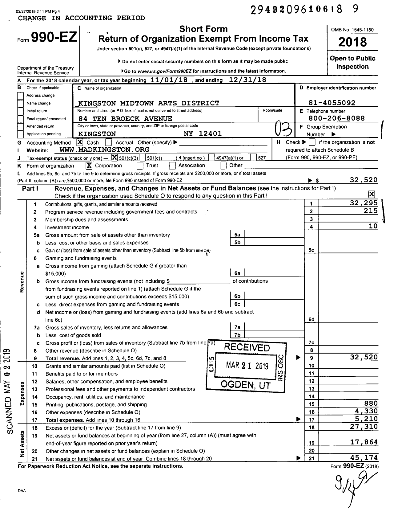 Image of first page of 2018 Form 990EZ for Kingston Midtown Arts District