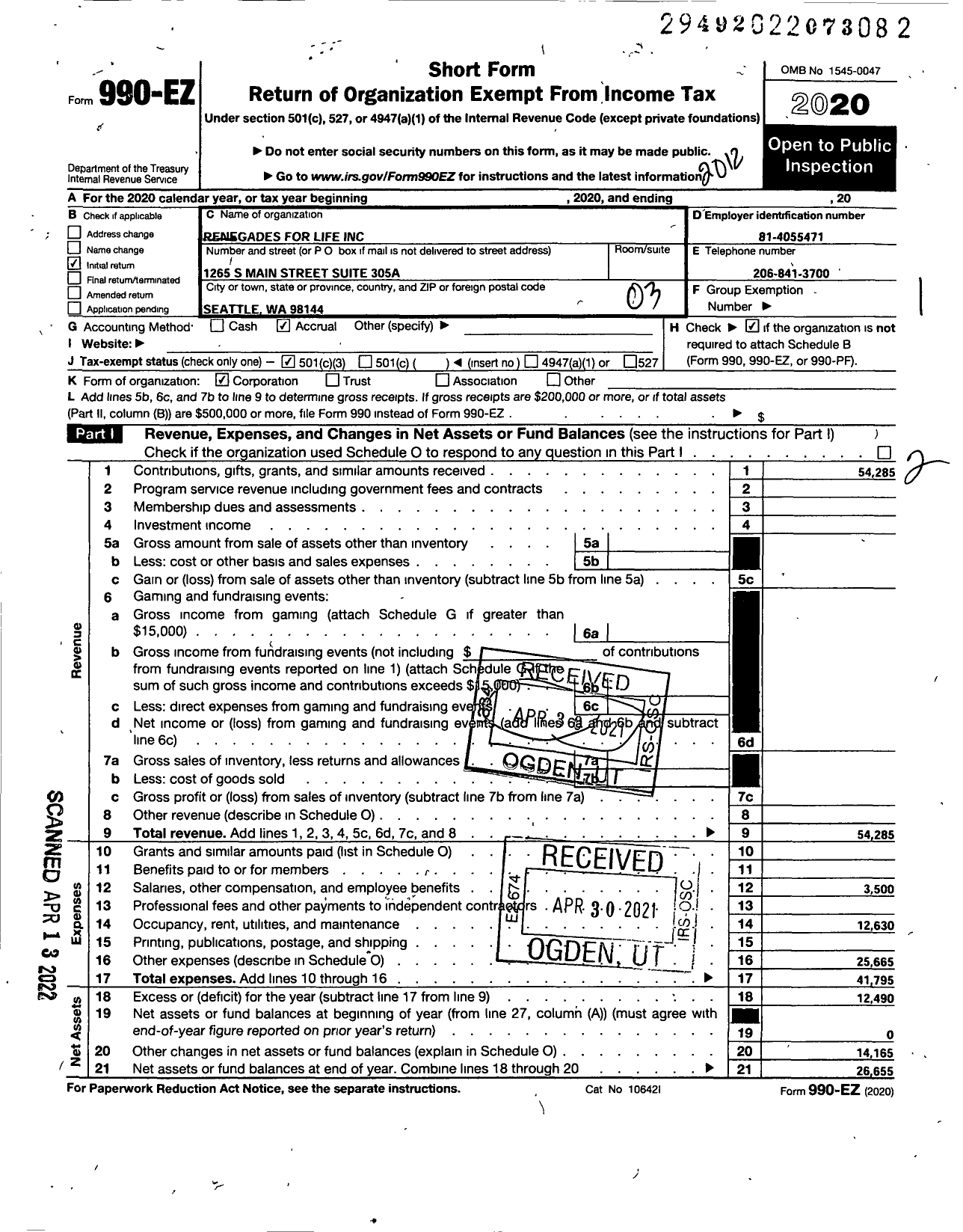 Image of first page of 2020 Form 990EZ for Renegades for Life