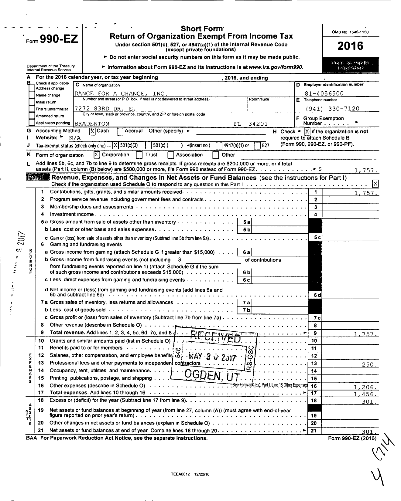 Image of first page of 2016 Form 990EZ for Dance for A Chance