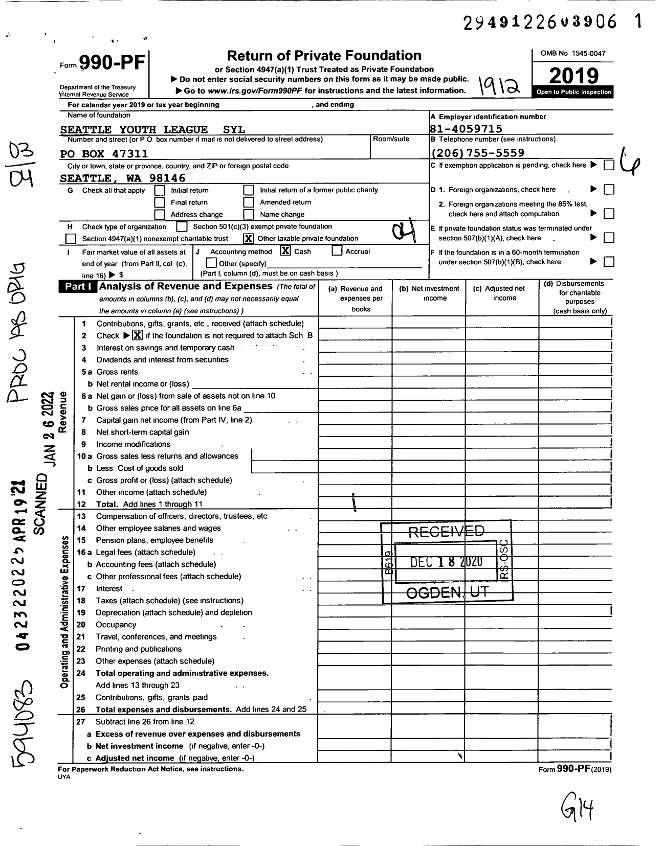 Image of first page of 2019 Form 990PF for Seattle Youth League (SYL)