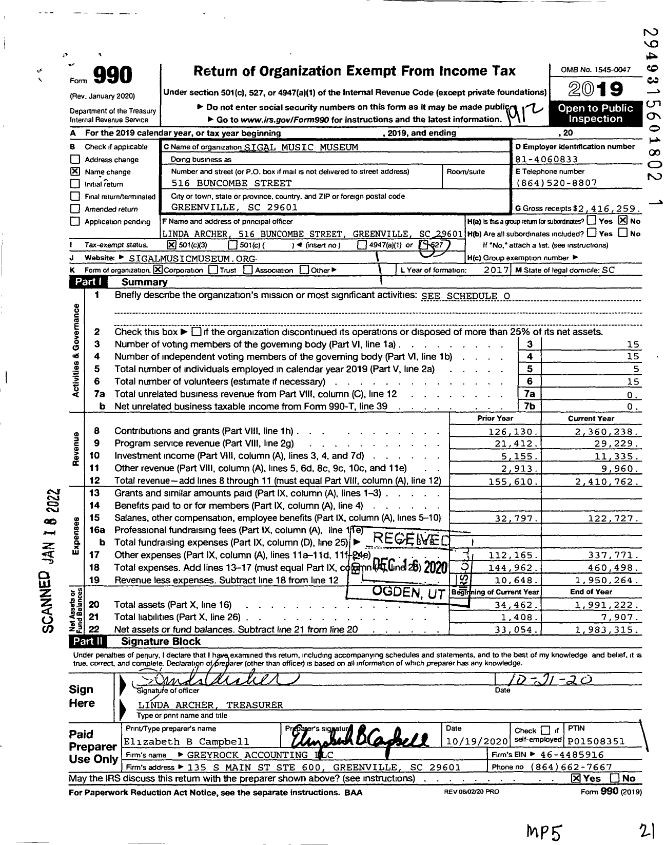 Image of first page of 2019 Form 990 for Sigal Music Museum