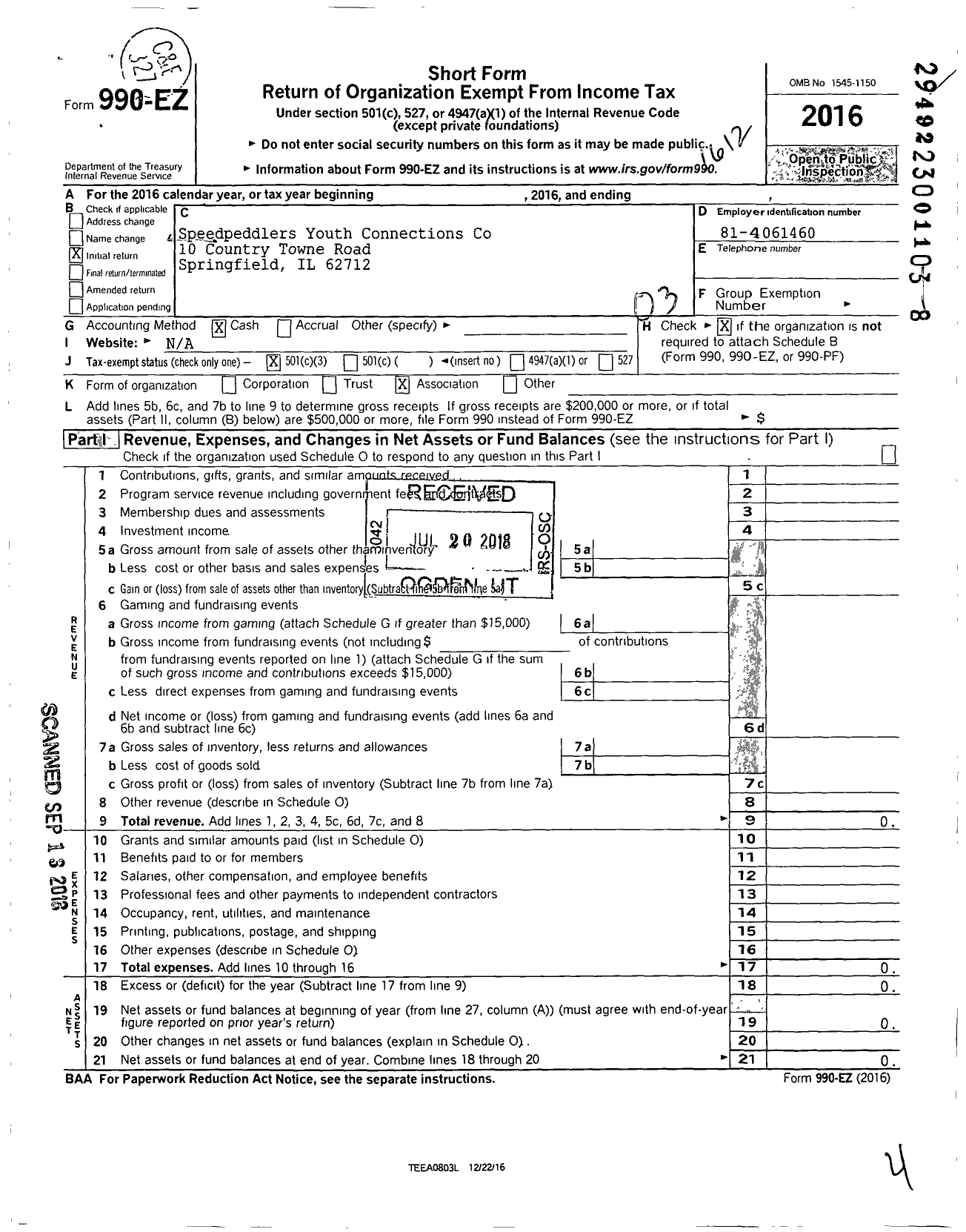 Image of first page of 2016 Form 990EZ for Speedpeddlers Youth Connections