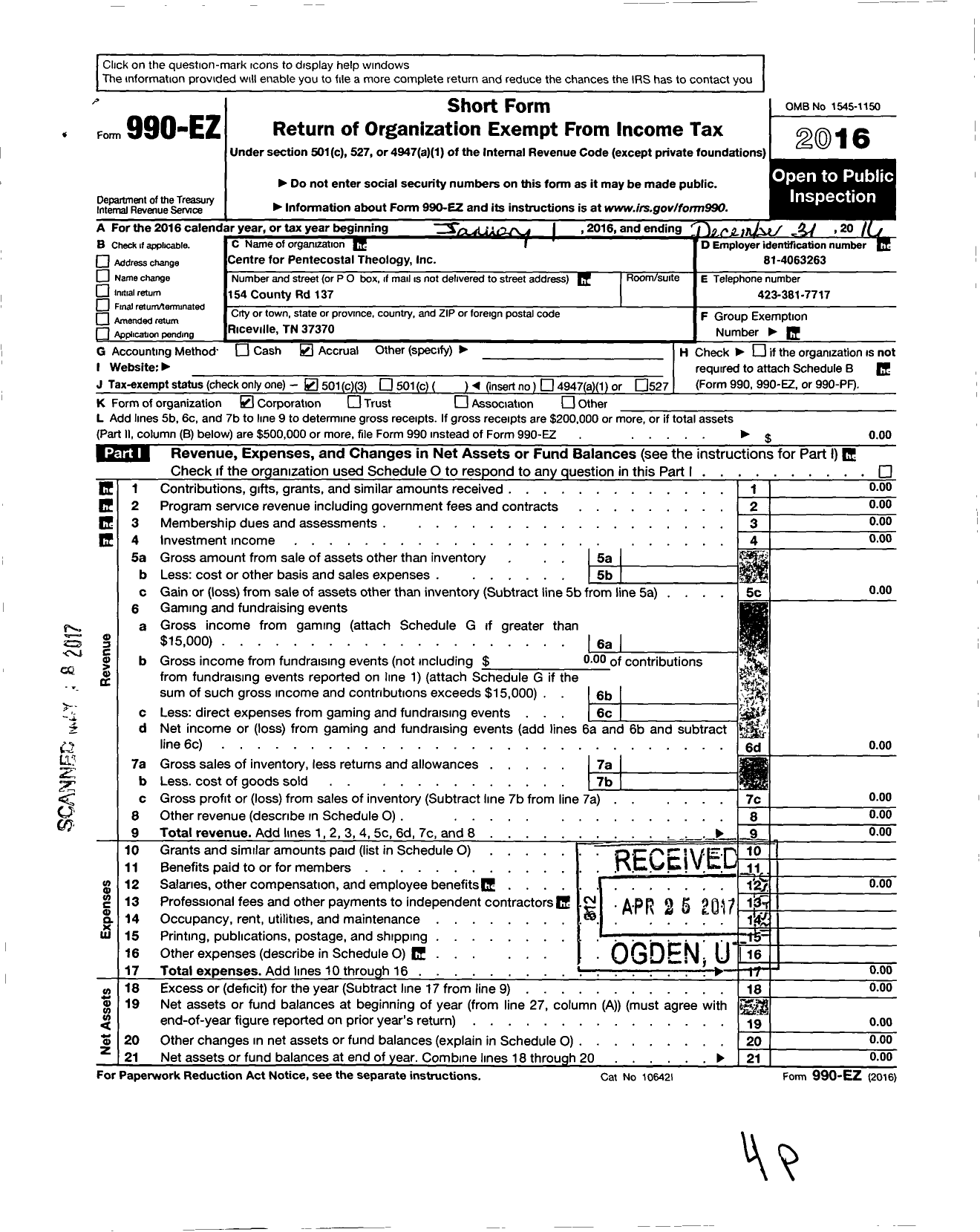 Image of first page of 2016 Form 990EZ for Centre for Pentecostal Theology Incorporated