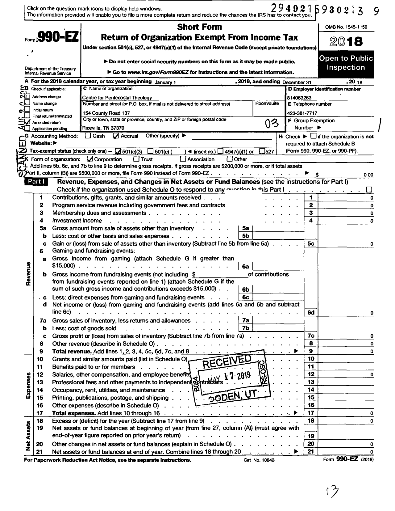 Image of first page of 2018 Form 990EZ for Centre for Pentecostal Theology Incorporated