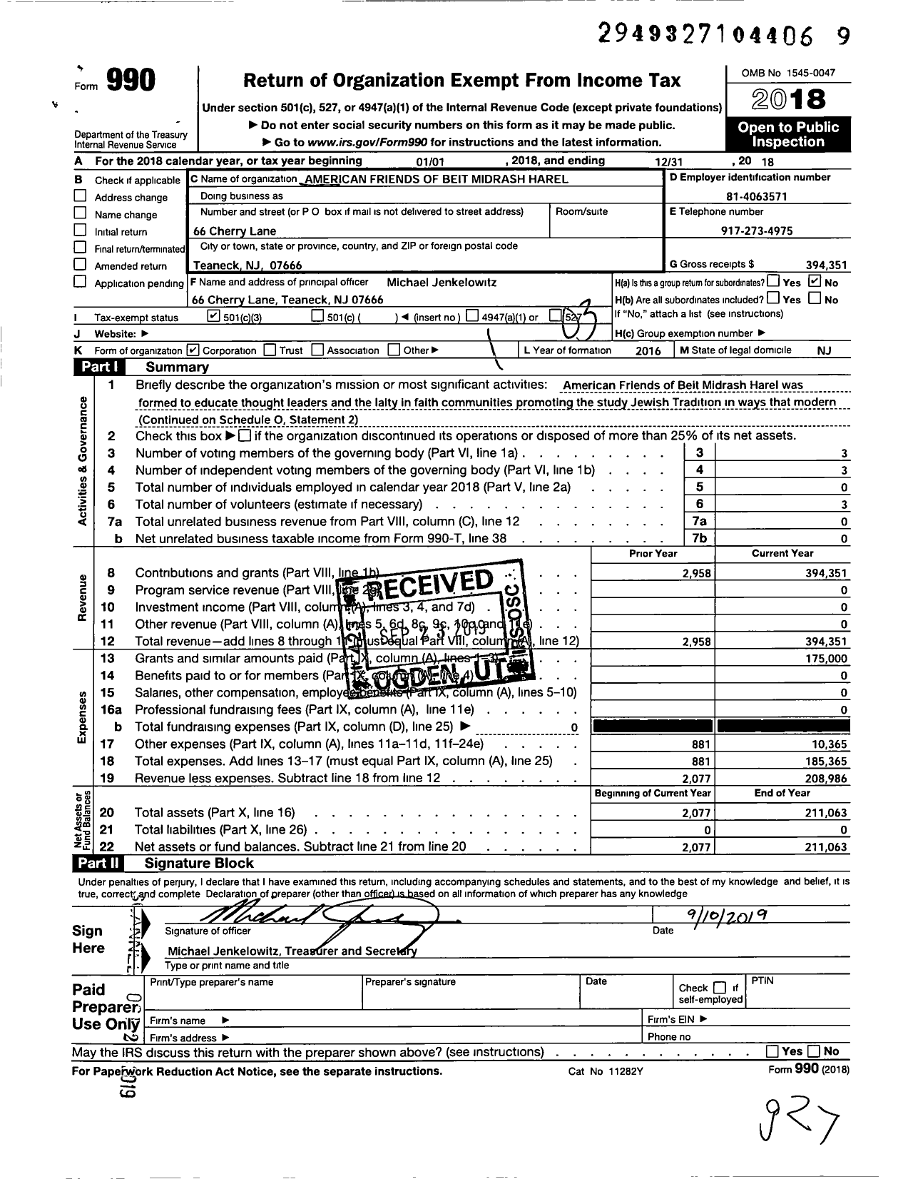 Image of first page of 2018 Form 990 for American Friends of Beit Midrash Harel