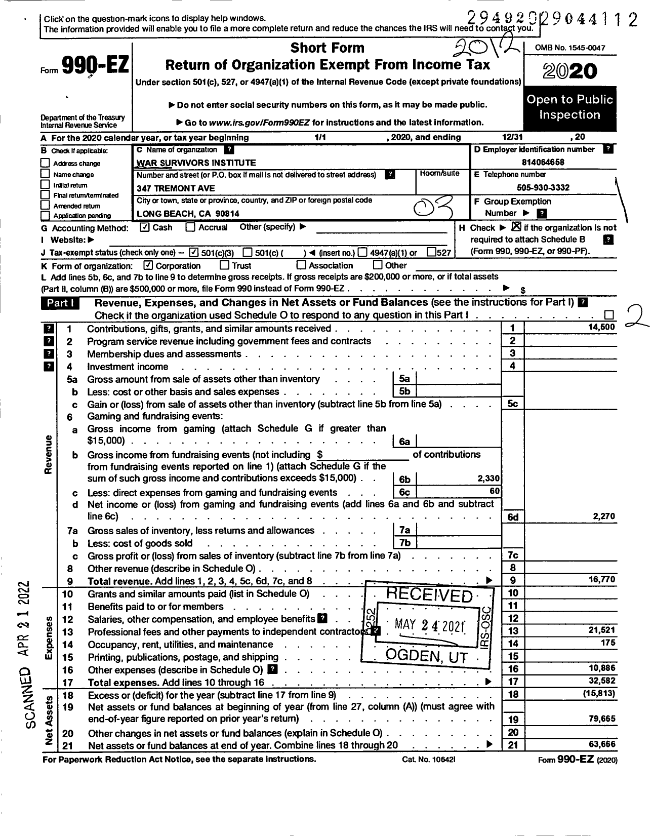 Image of first page of 2020 Form 990EZ for War Survivors Institute