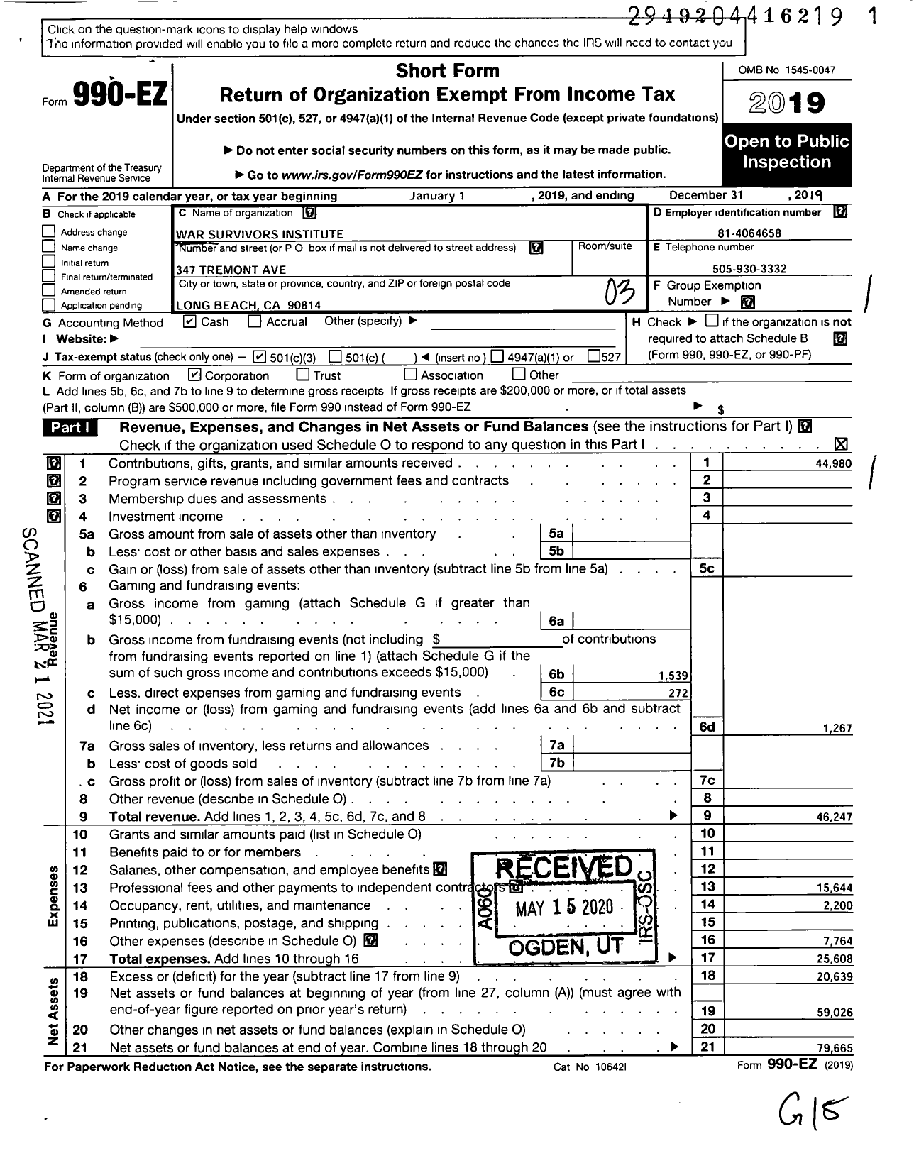 Image of first page of 2019 Form 990EZ for War Survivors Institute