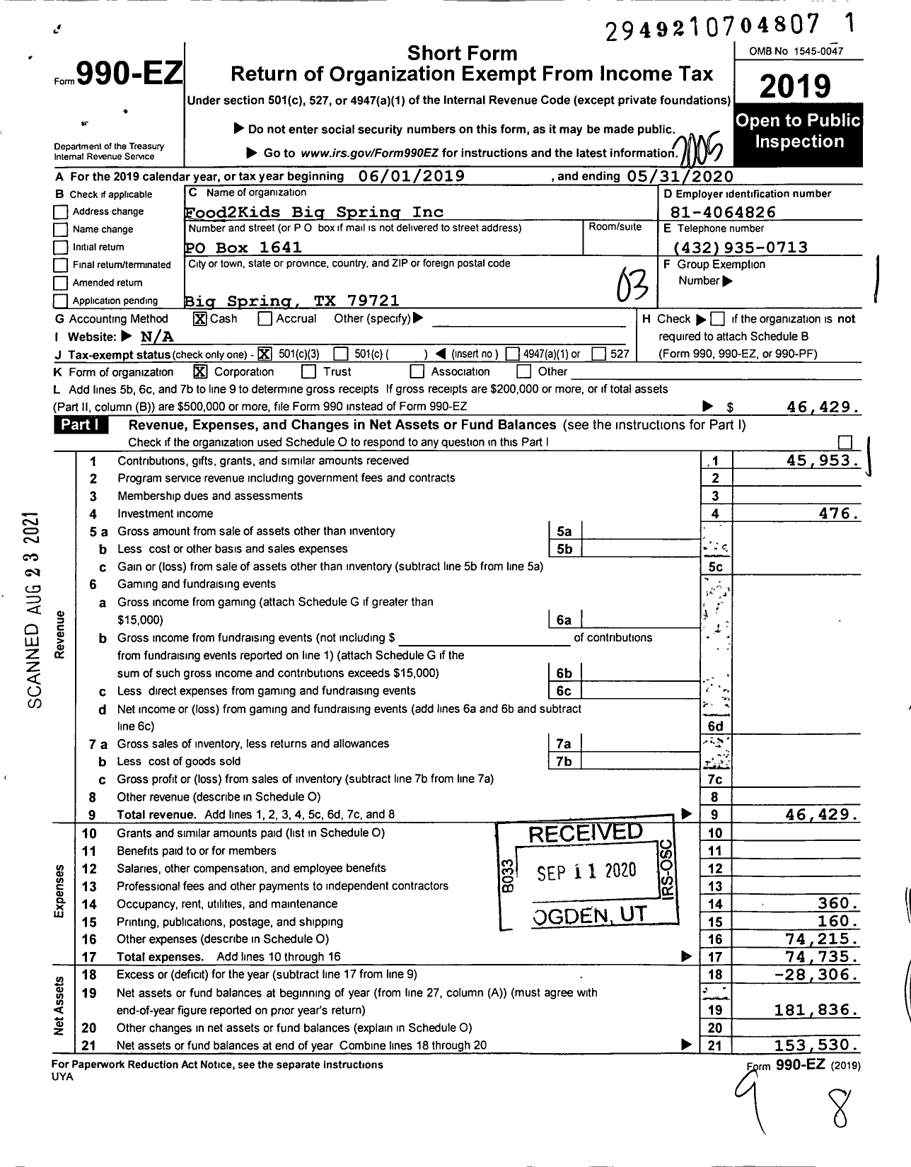 Image of first page of 2019 Form 990EZ for Food2Kids Big Spring