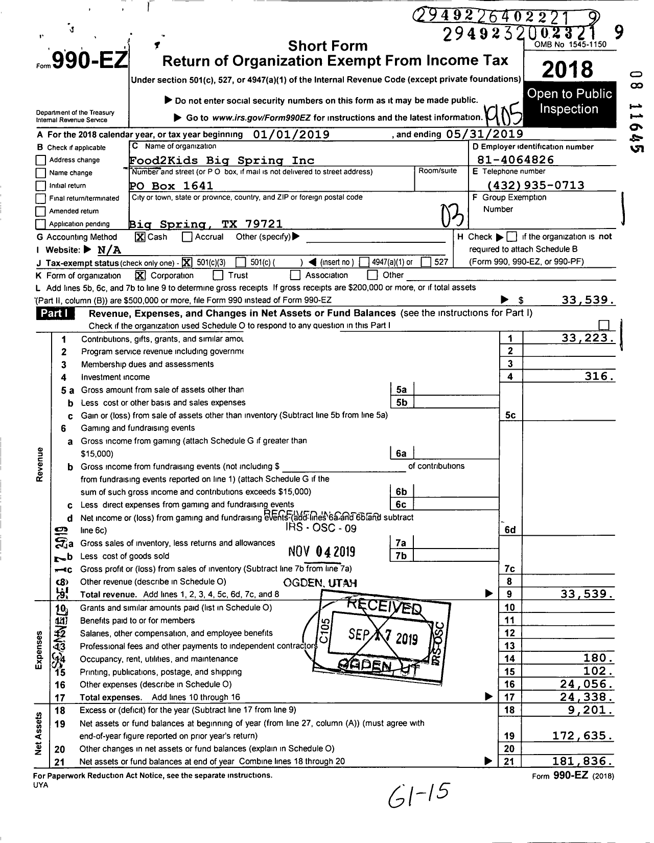 Image of first page of 2018 Form 990EZ for Food2Kids Big Spring