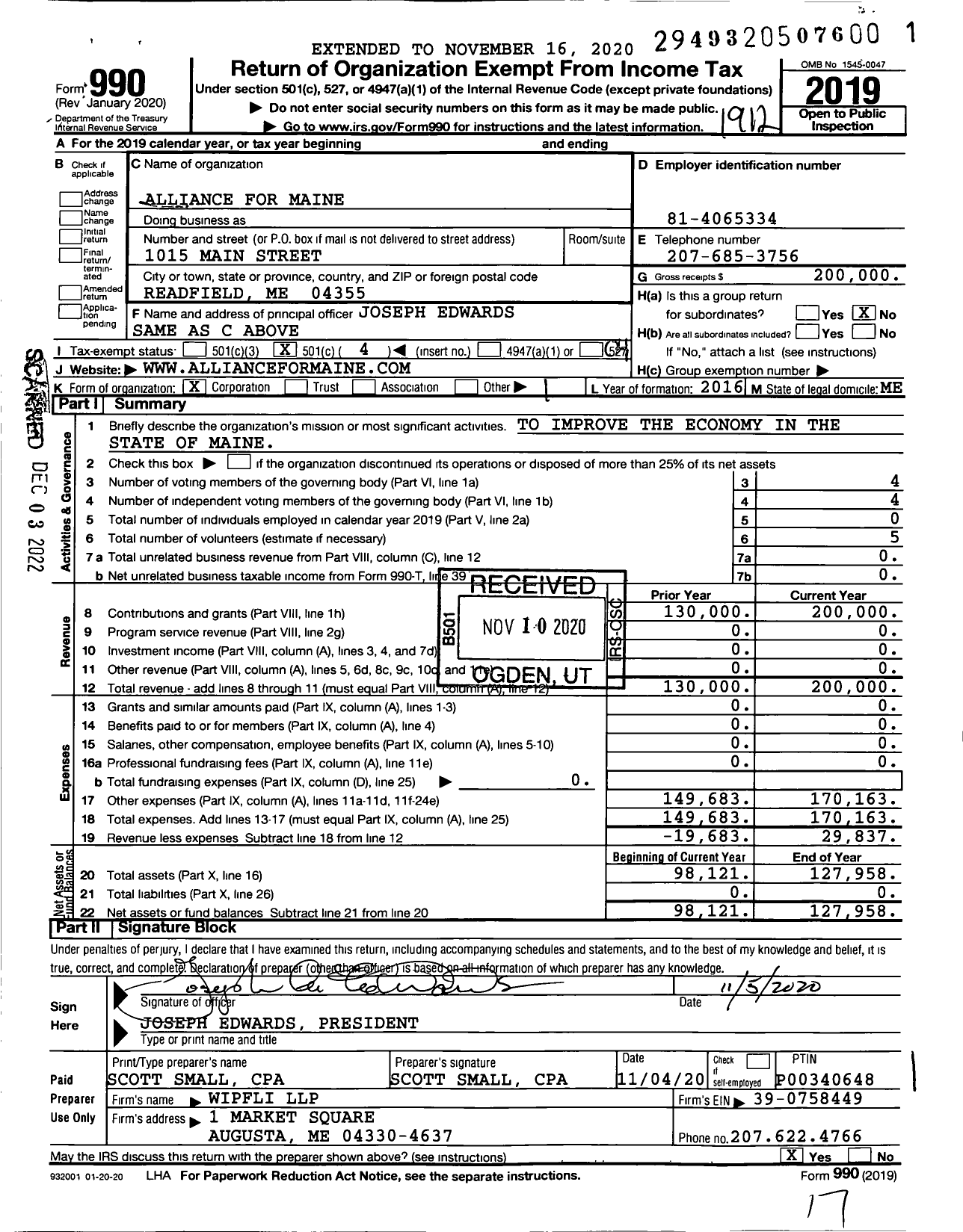 Image of first page of 2019 Form 990O for Alliance for Maine