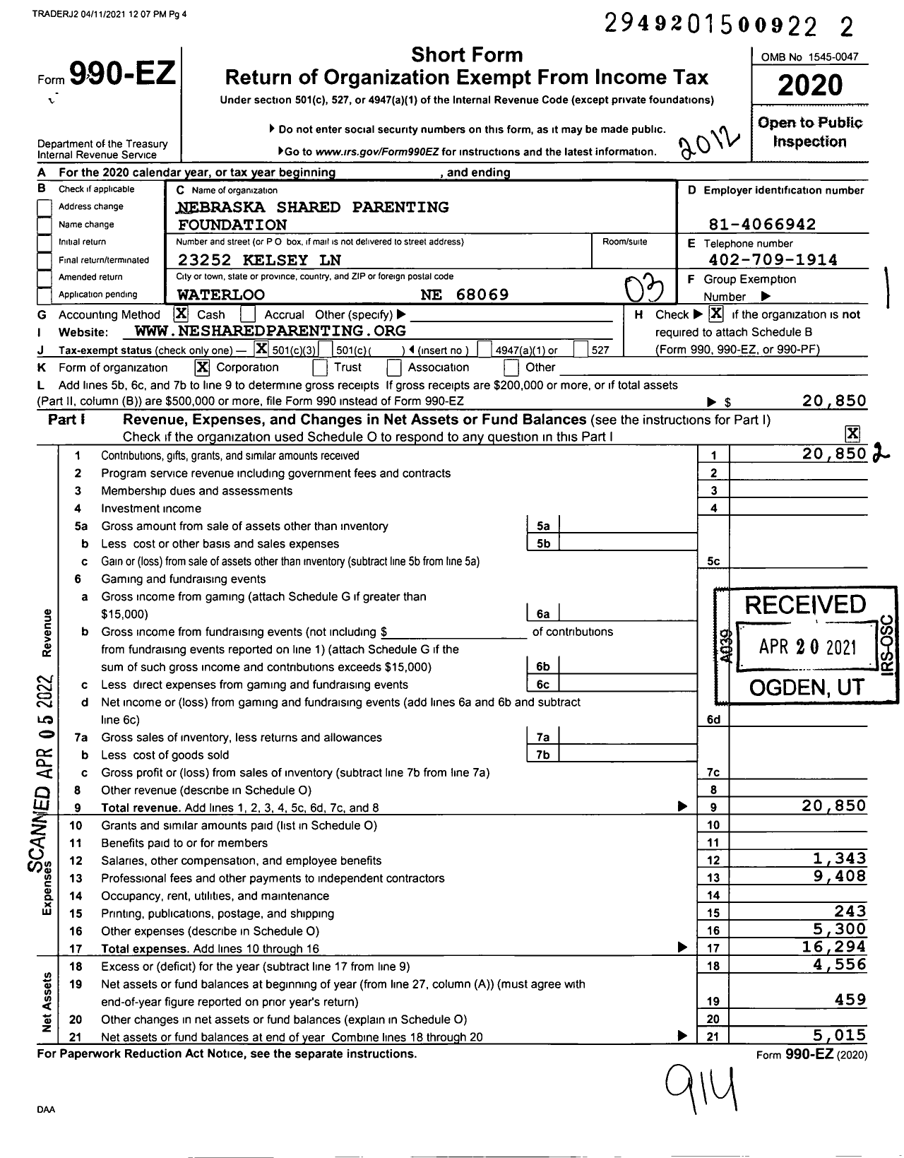 Image of first page of 2020 Form 990EZ for Nebraska Shared Parenting FNTN