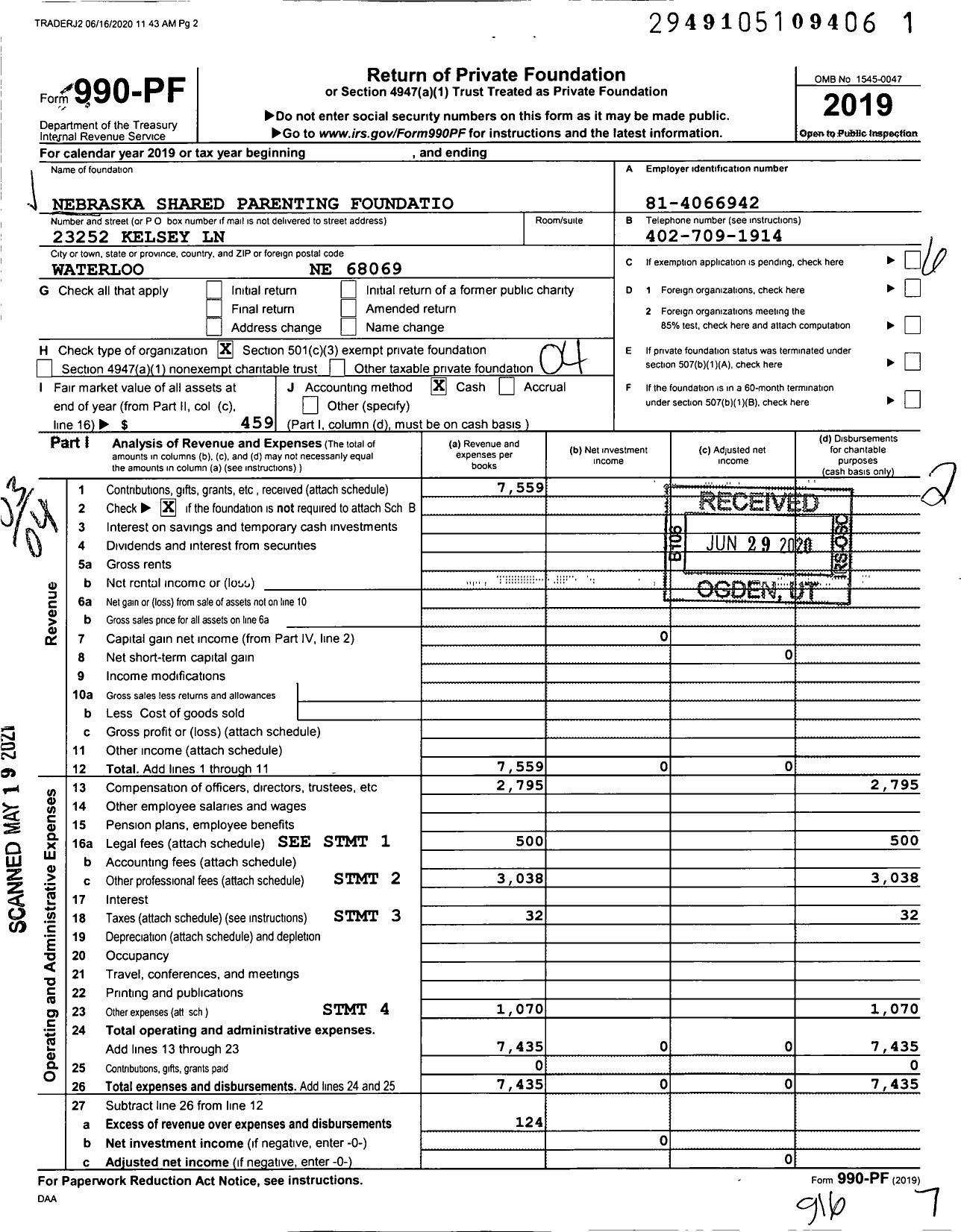 Image of first page of 2019 Form 990PF for Nebraska Shared Parenting FNTN