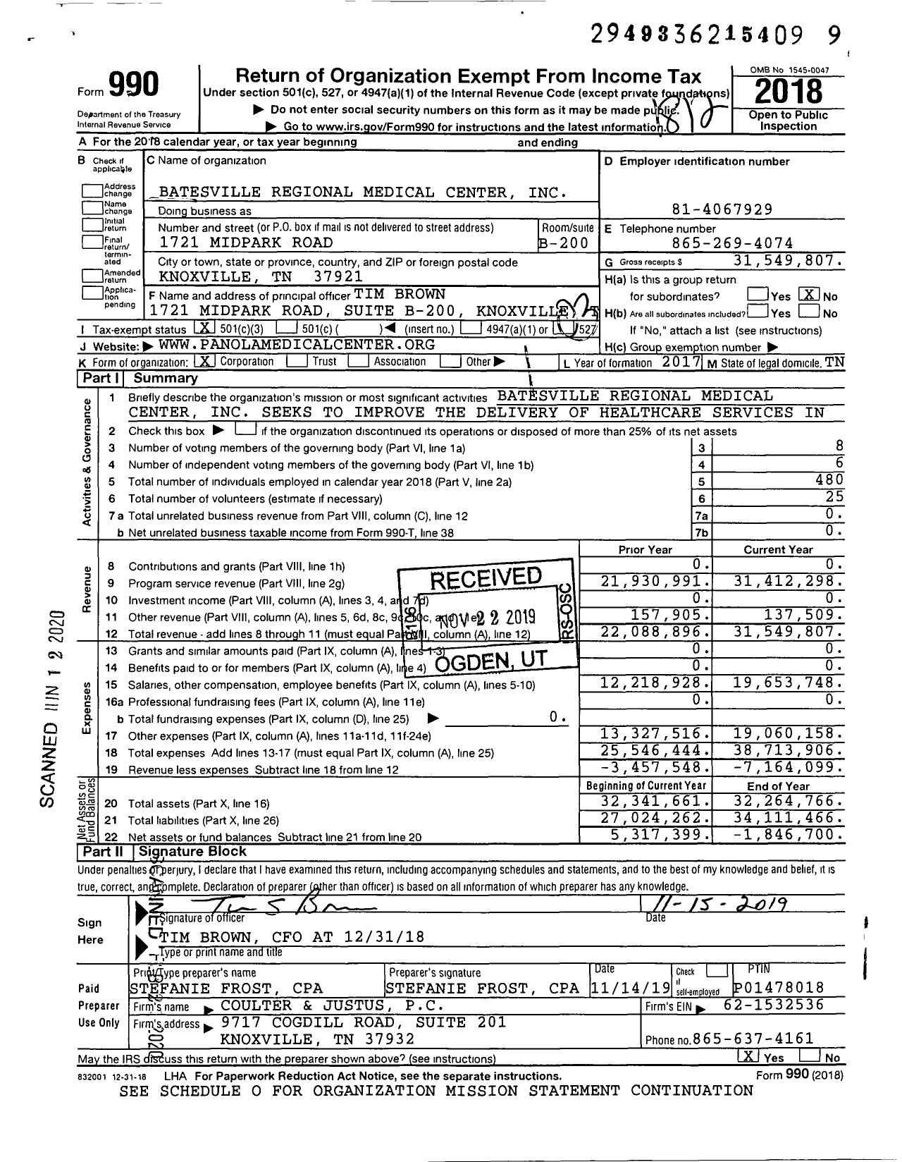 Image of first page of 2018 Form 990 for Batesville Regional Medical Center