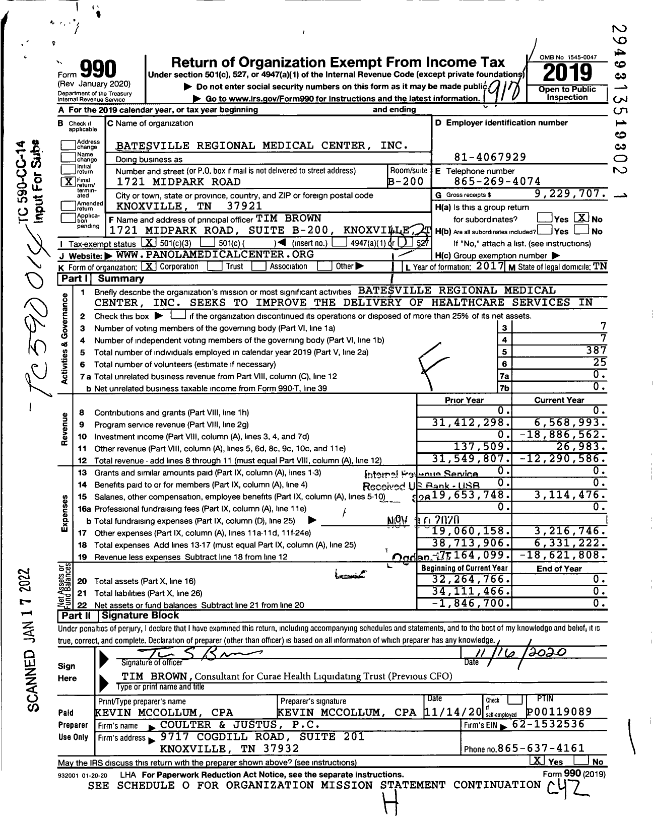 Image of first page of 2019 Form 990 for Batesville Regional Medical Center