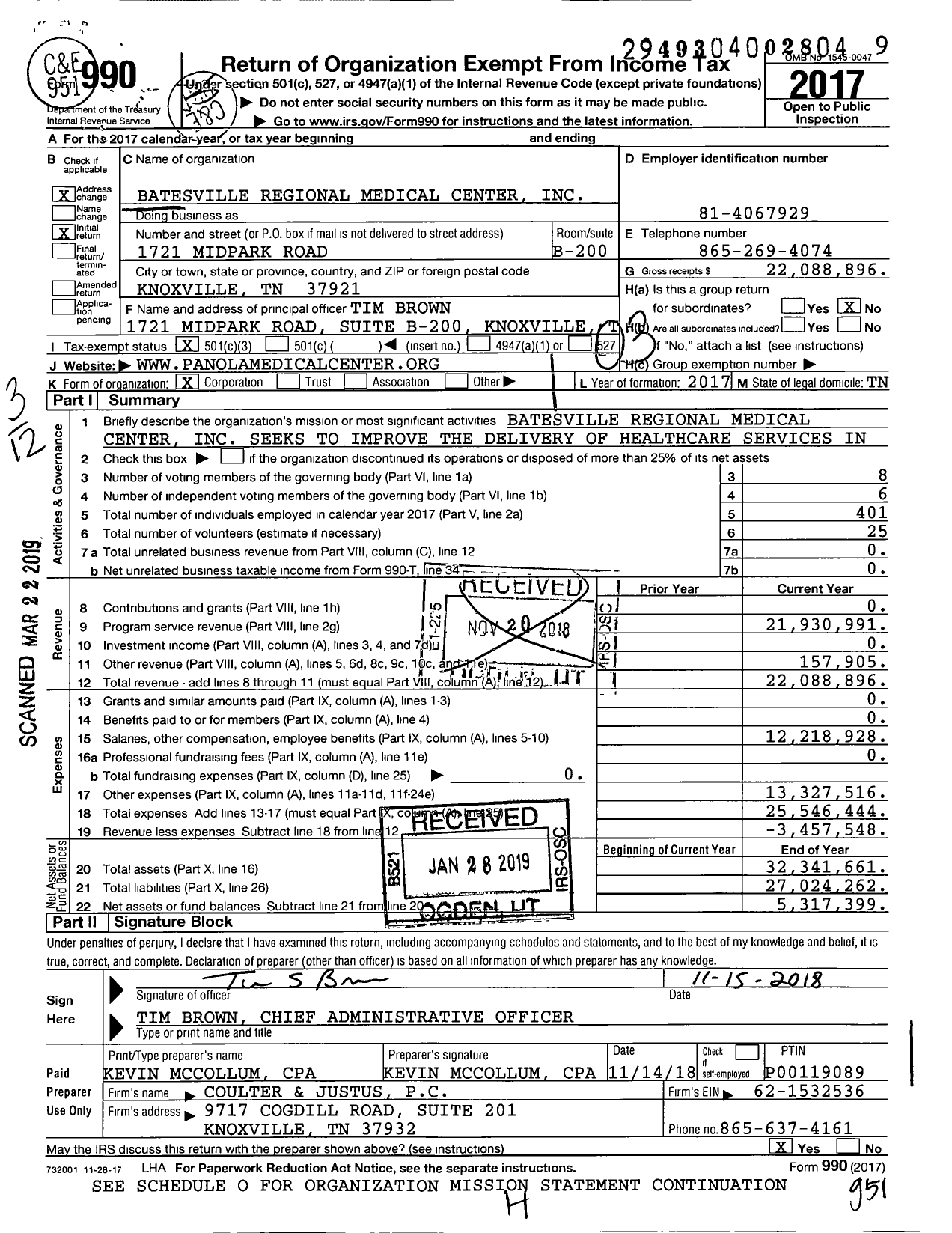 Image of first page of 2017 Form 990 for Batesville Regional Medical Center