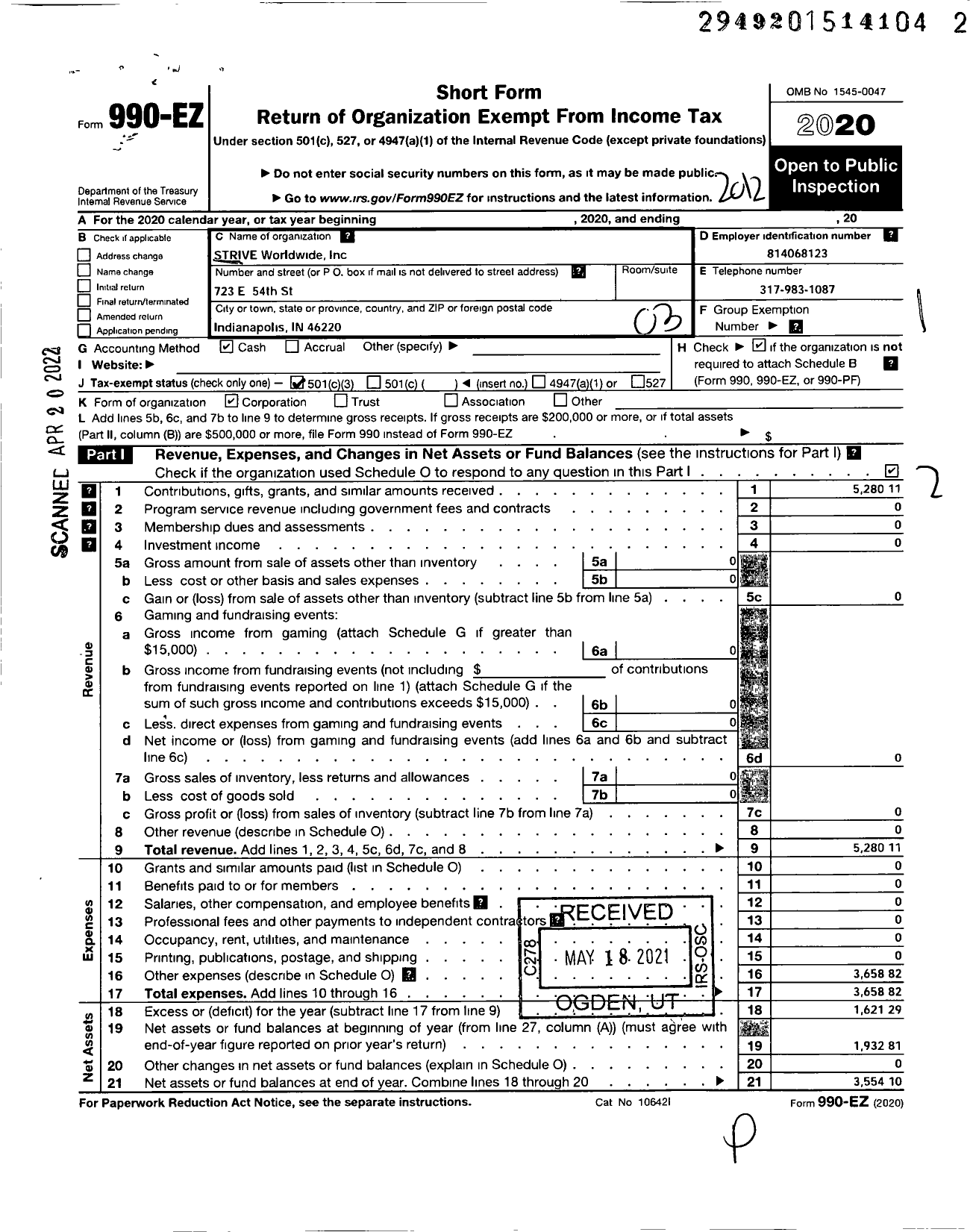 Image of first page of 2020 Form 990EZ for Strive Worldwide