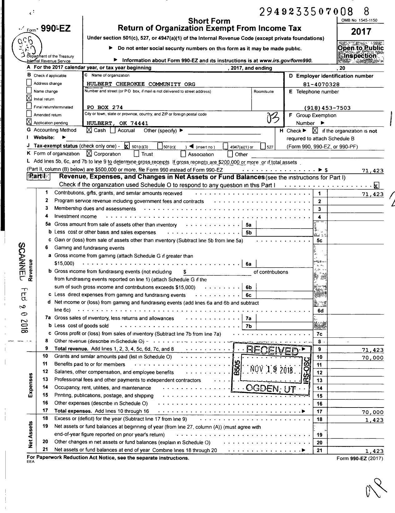 Image of first page of 2017 Form 990EZ for Hulbert Cherokee Community Org