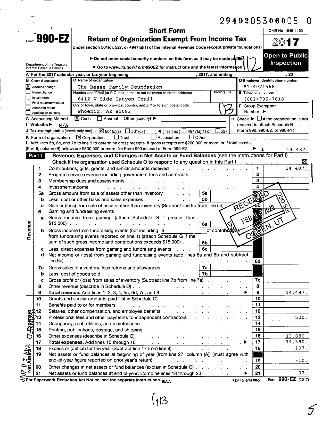 Image of first page of 2017 Form 990EZ for The Besse Family Foundation