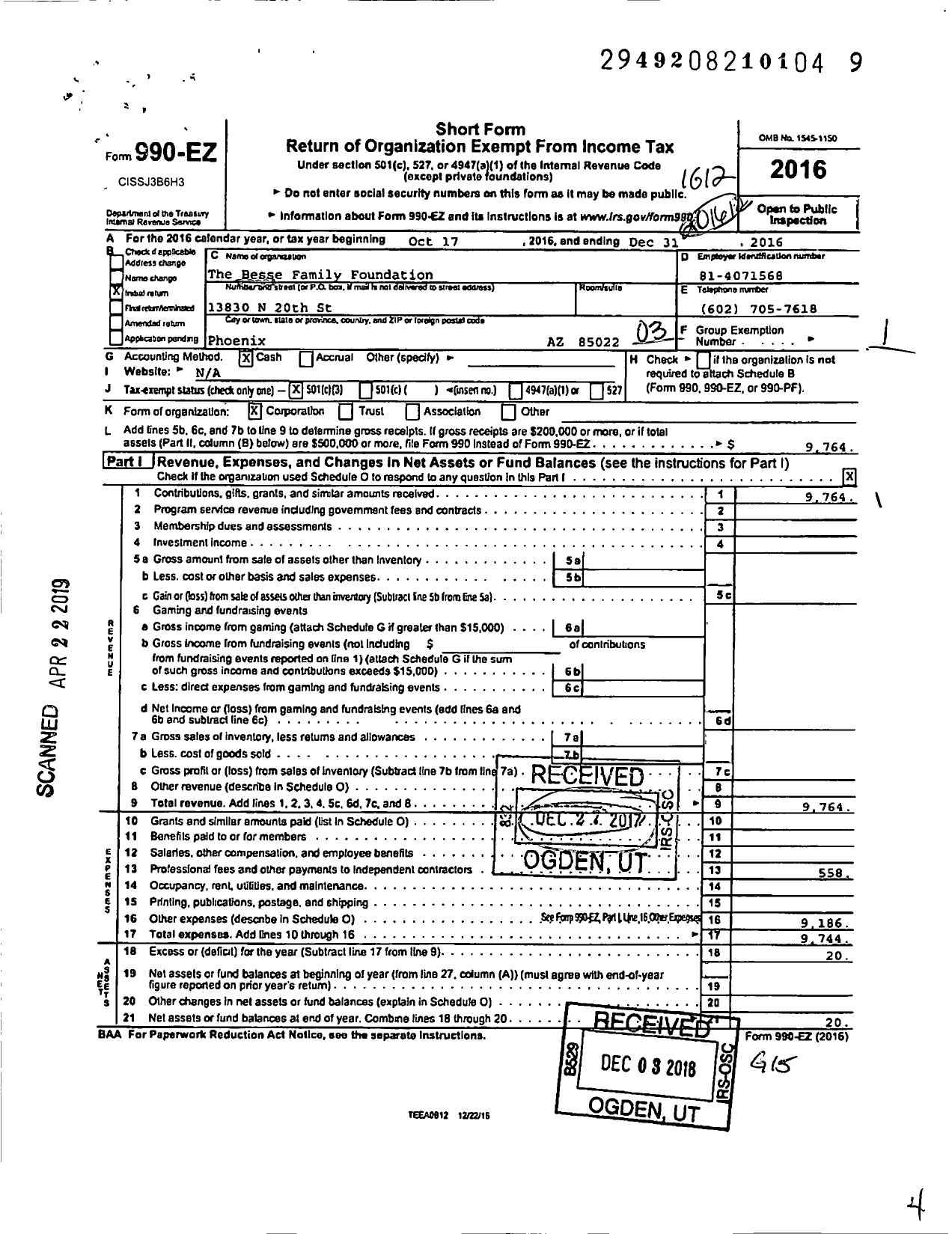 Image of first page of 2016 Form 990EZ for The Besse Family Foundation